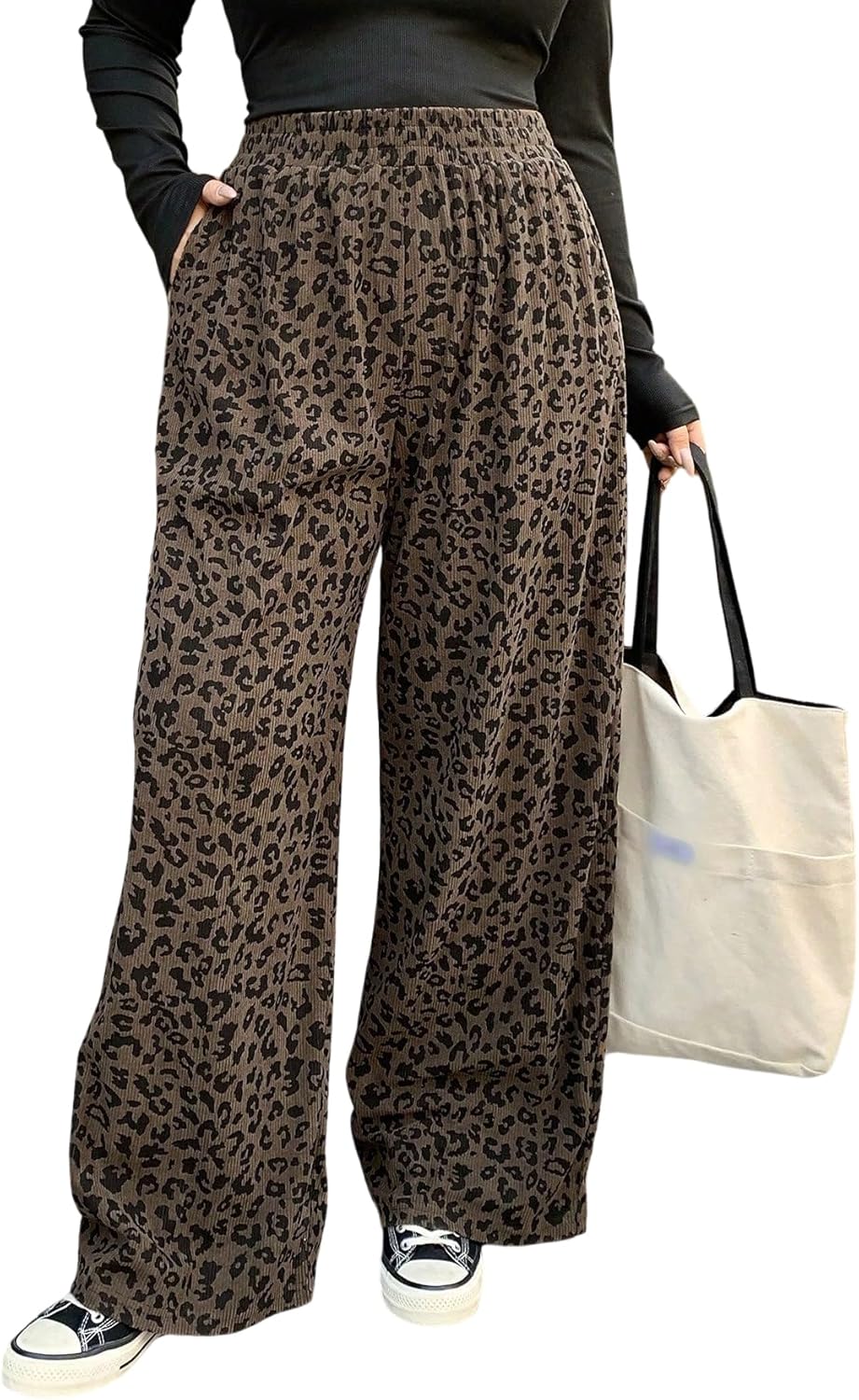 Women's Leopard Cheetah Corduroy Wide Leg Pants Elastic High Waisted Baggy Pants Casual Trousers