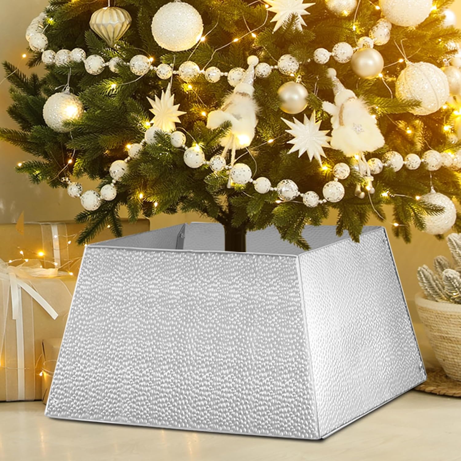 Christmas Tree Collar Metal 24" Square Christmas Tree Skirt Tree Ring Cover Base Basket Stand for Artificial Tree Christmas Decorations Home Decor (Silver)