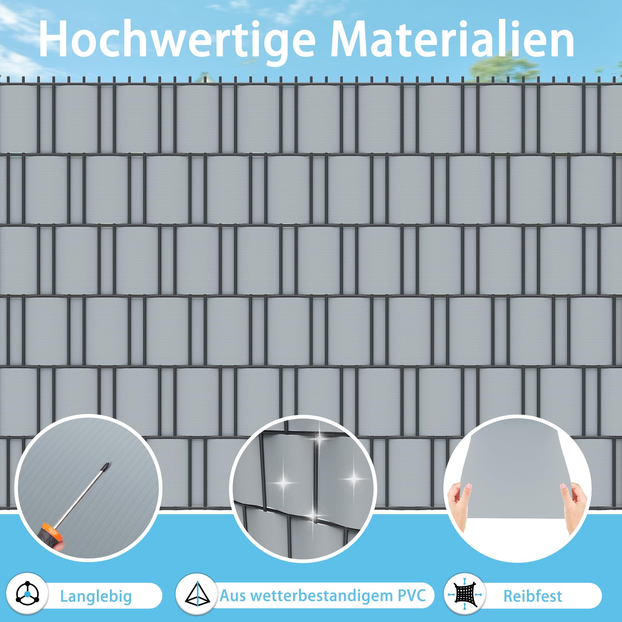 XMTECH Sichtschutzstreifen Hart-PVC Doppelstabmatten 2,5m 30 Stück Grau | Schützt vor Blicken und Sonne, UV-beständig sowie wetterfest für Garten, Balkon und Terrasse im Außenbereich