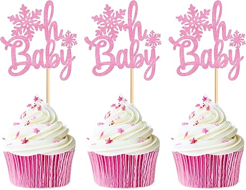 Miniatura 6 de Cyodoos 25 piezas de copos de nieve para cupcakes con purpurina para invierno, temática de congelado, copos de nieve, para invierno, país de las