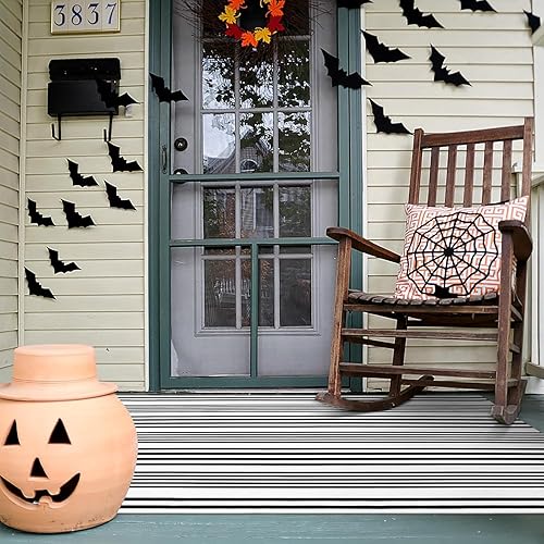 Vista 63 de Alfombra de exterior a rayas blancas y negras, 2 x 3 pies, de algodón, moderna, tejida a mano, reversible, para porche, puerta de bienvenida, 1 tira