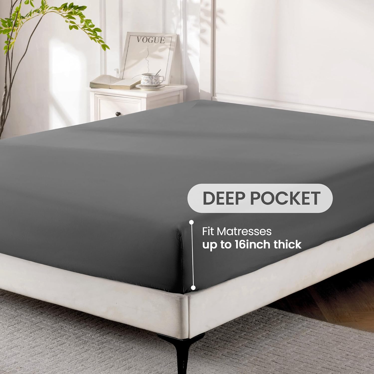 ROSE&RISY Dark Grey Queen Sheet Set, 4 Pieces Soft Bedding Queen Sheet Set, Breathable and Cooling,Includes 1 Fitted, 1 Flat, 2 Pillow Cases - Deep Pocket(Dark Grey, Queen) - Image 4