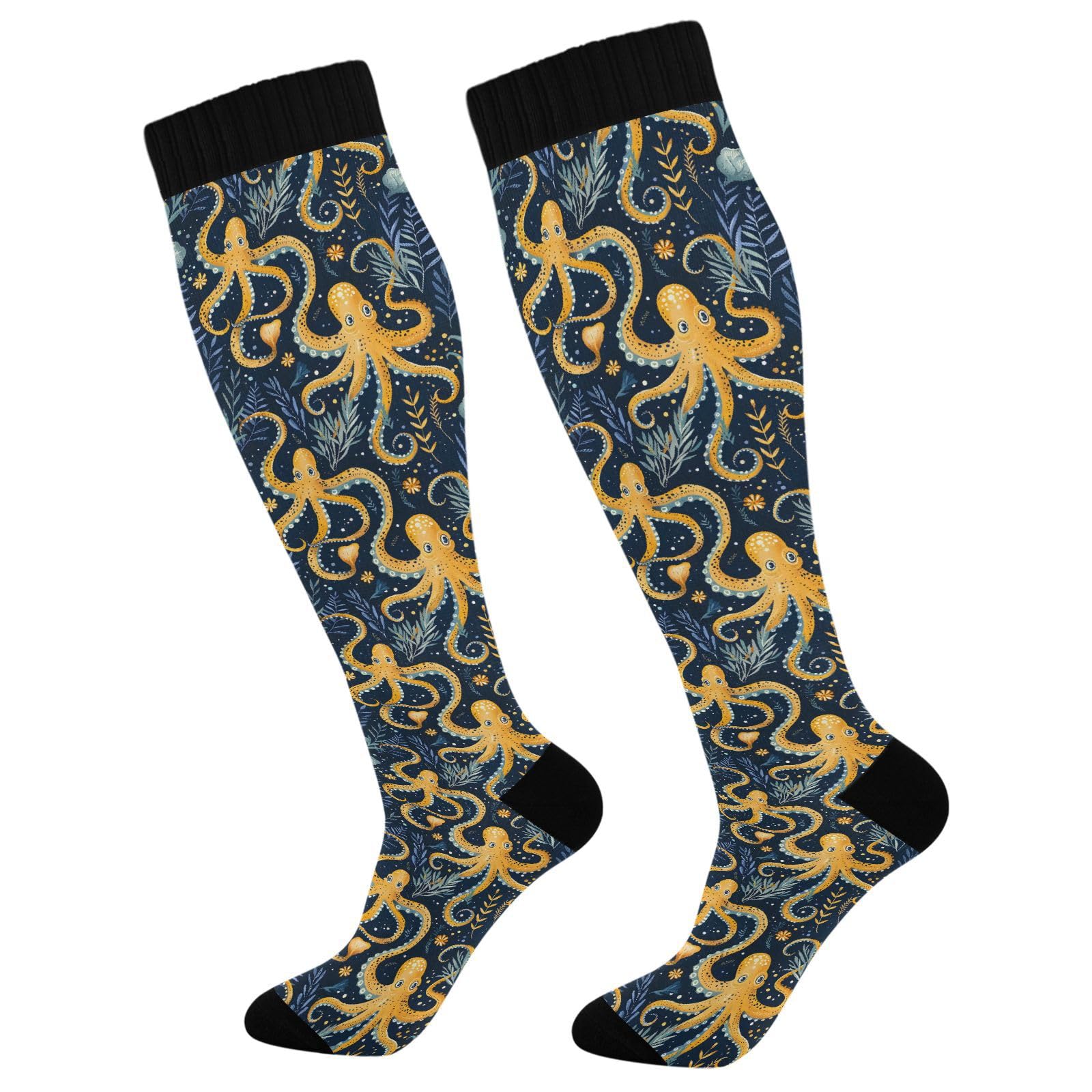 ALAZA Octopus Kraken Leaf Compression Socks for Women Men Circulation Long Socks Running Athletic Cycling 1 pair