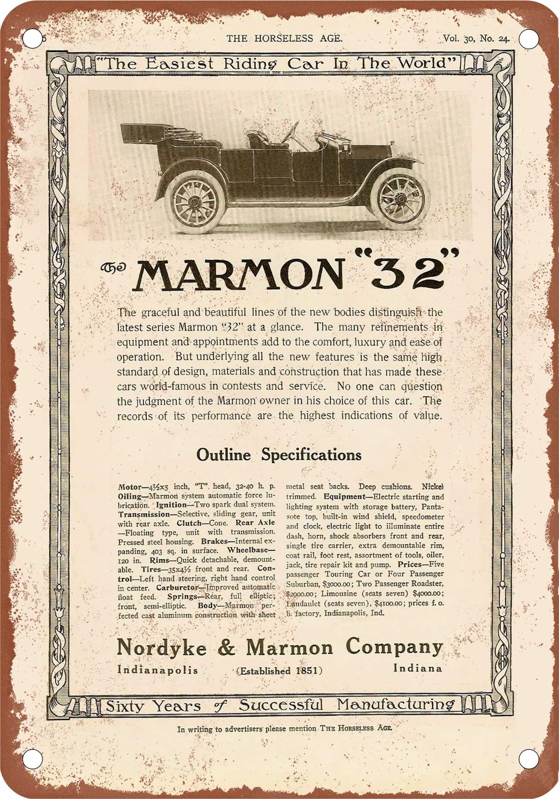 Miaomansenstore Metal Sign - 1913 Marmon Vintage Ad 01 - Old Retro Rusty Look Home Decor