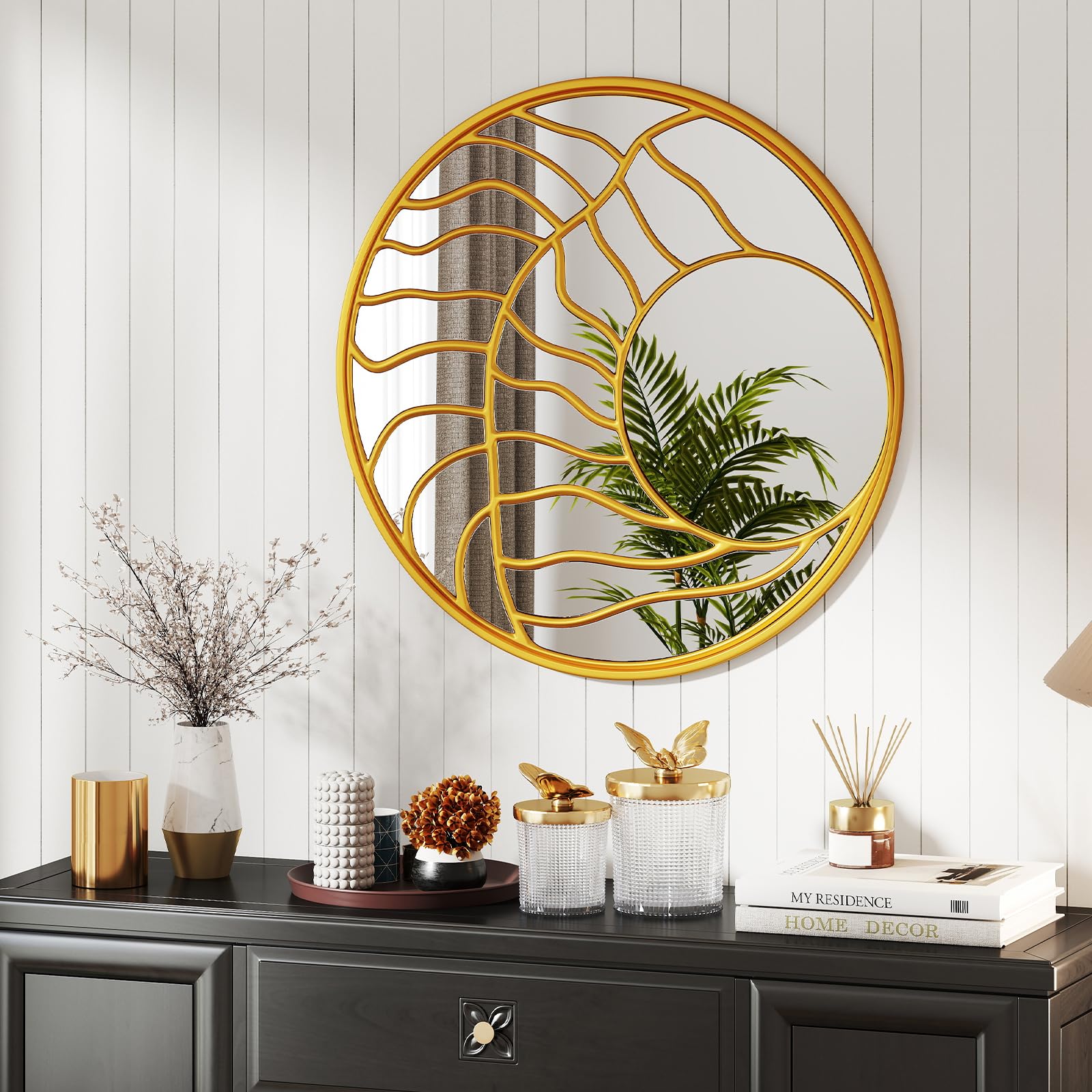 LIFEZEAL Specchio da Parete Rotondo, 80cm, Specchio Decorativo con Cornice Dorata, per Ingresso, Salotto, Camera da Letto, Bagno, Moderno, Appendere a Muro, Alta Definizione, Sicuro, Mirror