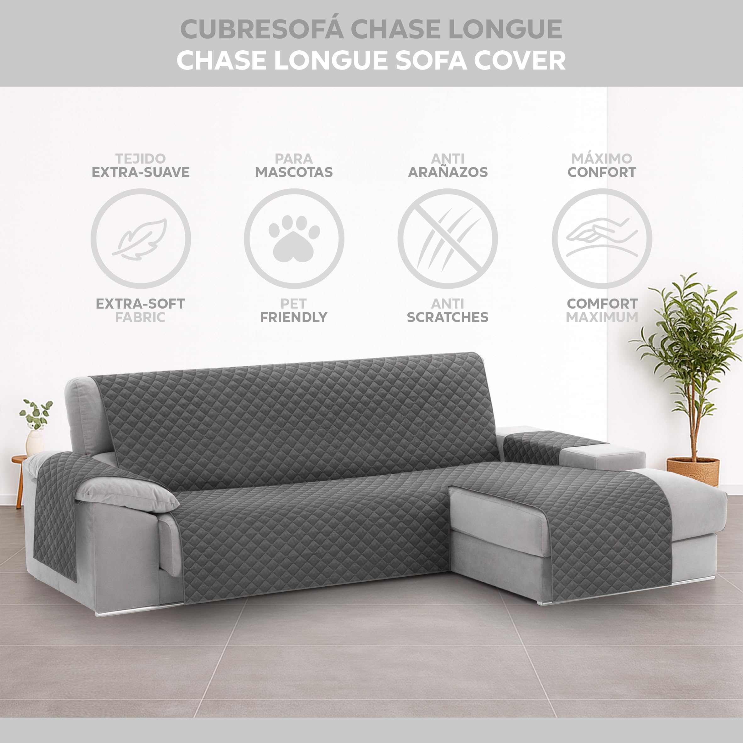 Textilhome Copridivano Chaise Longue con Penisola Malu 240cm – Salvadivano Trapuntato Universale con Bracciolo Destro, Protezione per Animali Domestici, Colore Grey (Visto da Davanti)