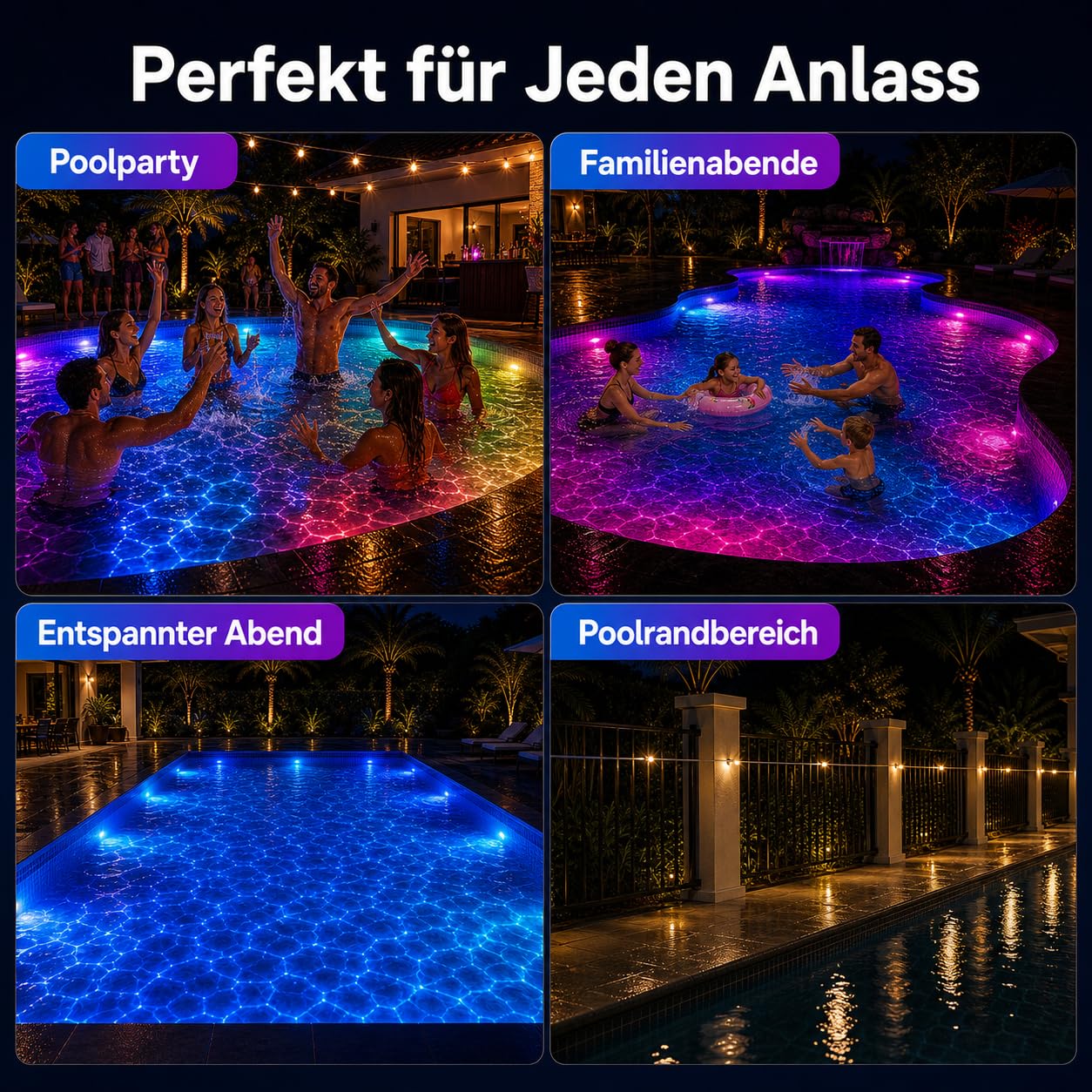 8-in-1 Poolbeleuchtungssystem 15m, 24V IP68 wasserdicht Poollicht ohne Umbau, RGB+IC Dynamische Pool LED, Vollflächige Pool Beleuchtung mit App & Fernbedienung für Einbau- und Aufstellpools