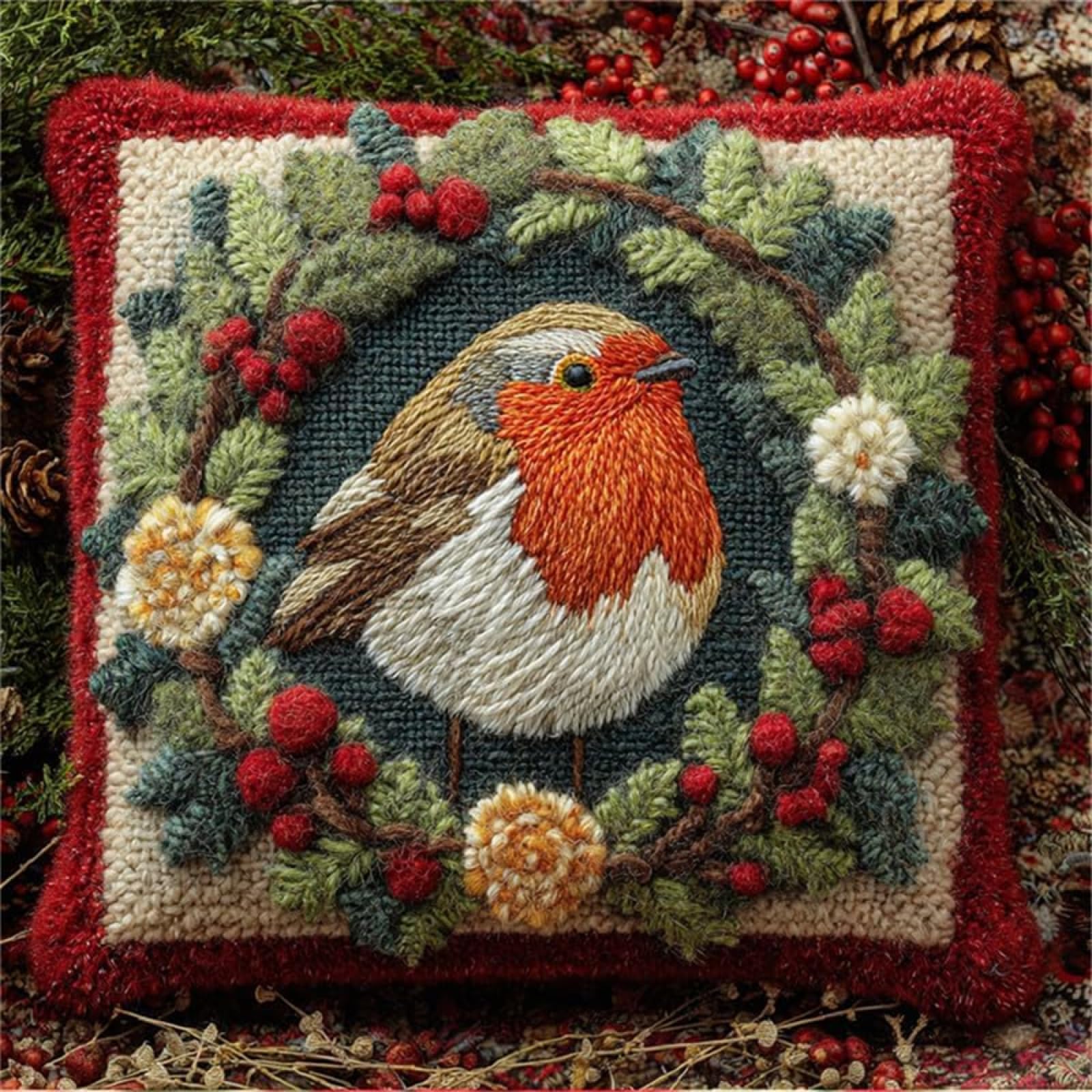 Fwrtycb Latch Hook Cushion Kits For Adults Christmas Robin Bird Wreath Xmas Garland Rug Pillowcase Kids Beginner Diy Needlework Embroidery Kits Handmade Set Craft Sofa Home Decor 43X43cm,1Pcs