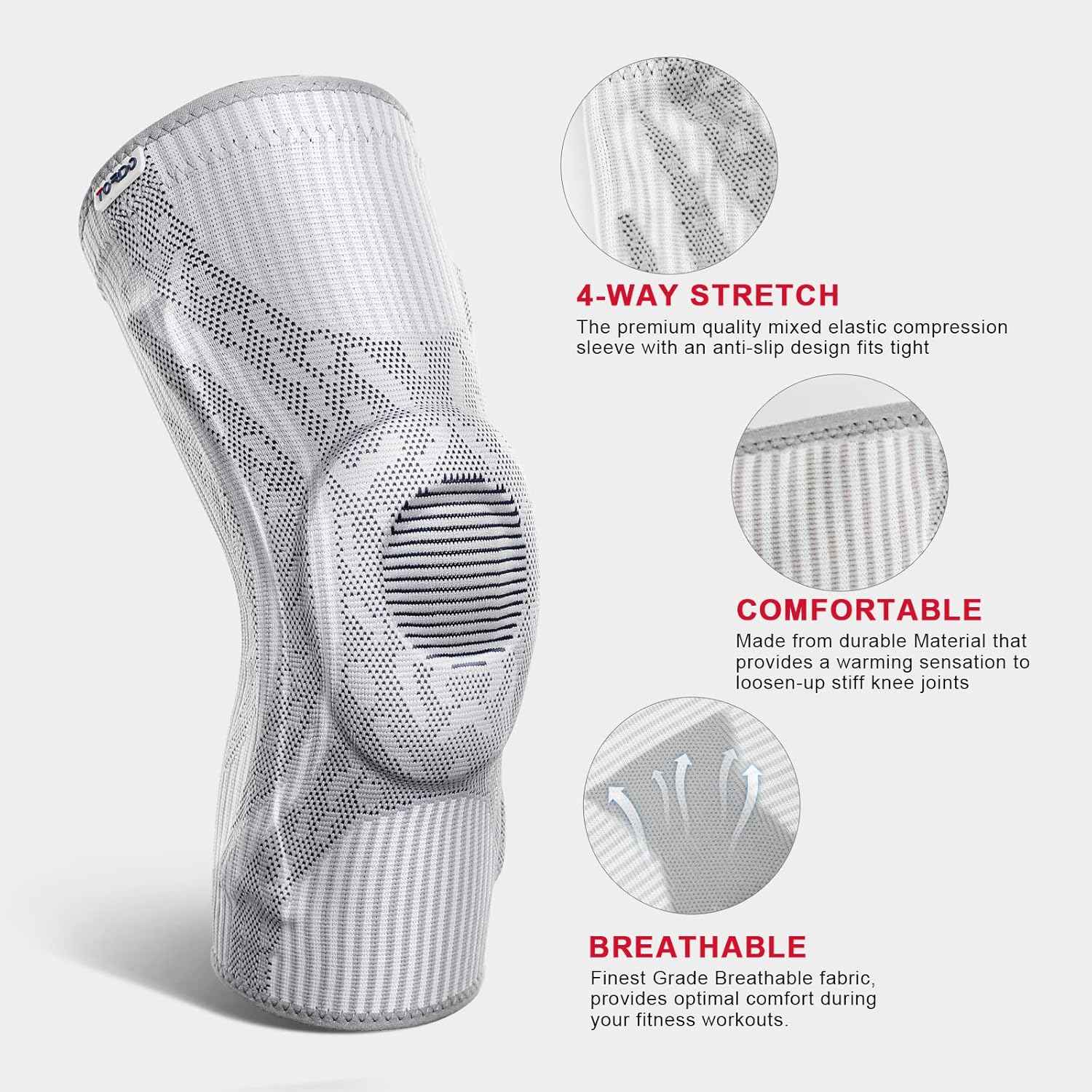 TORDO Knee Brace Compression Knee Sleeves Gel Pad Support & Side Stabilizers for Knee Pain, Patella Tendon Stabilizing, Meniscus Tear, Joint Pain Relief ACL for Man & Women Gym Weightlifting, Running