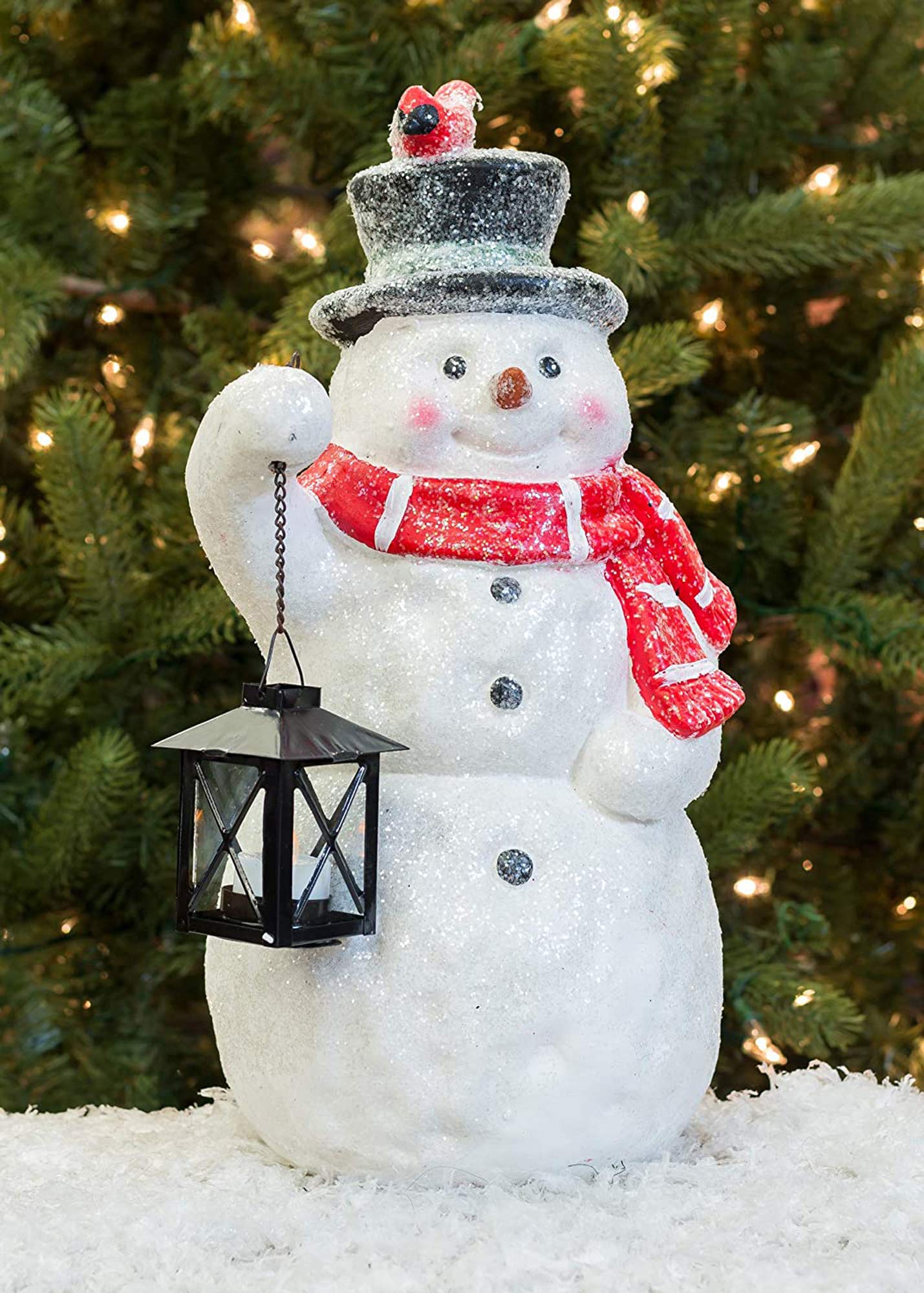 Snowman with Lantern LED Light Up 17 Inch Resin Stone Door Greeter Figurine (Sparkle)