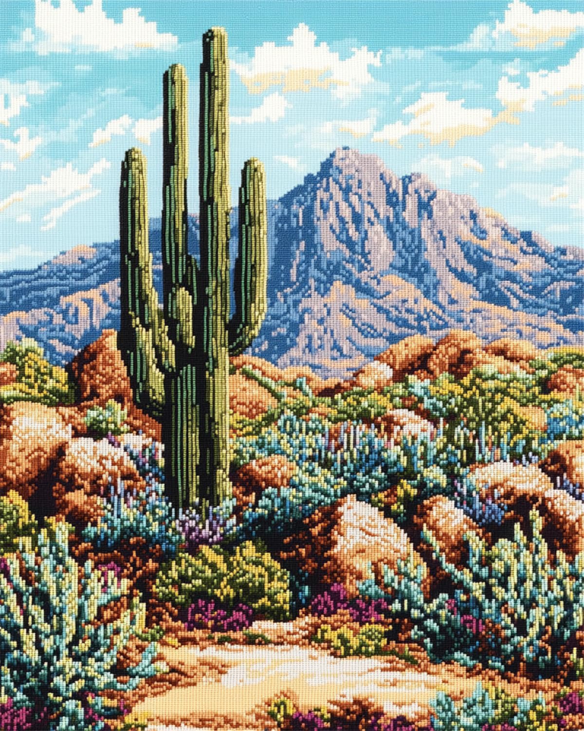 11CT Kit De Punto De Cruz Con Estampado Paisaje Desértico Con Cactus Y Flores. Kit De Bordado Estampado Para Adultos,Principiantes,Proyectos De Punto De Cruz,Manualidades Hechas A Mano 80x100cm