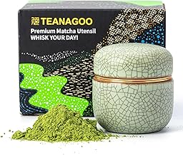 TEANAGOO Small Matcha Jar | 2.8oz Portable Storage Jar, Double Seal with Aluminum Lid, Guaranteed Freshness for 18g Matcha, X6 Light Green with Black Stitching