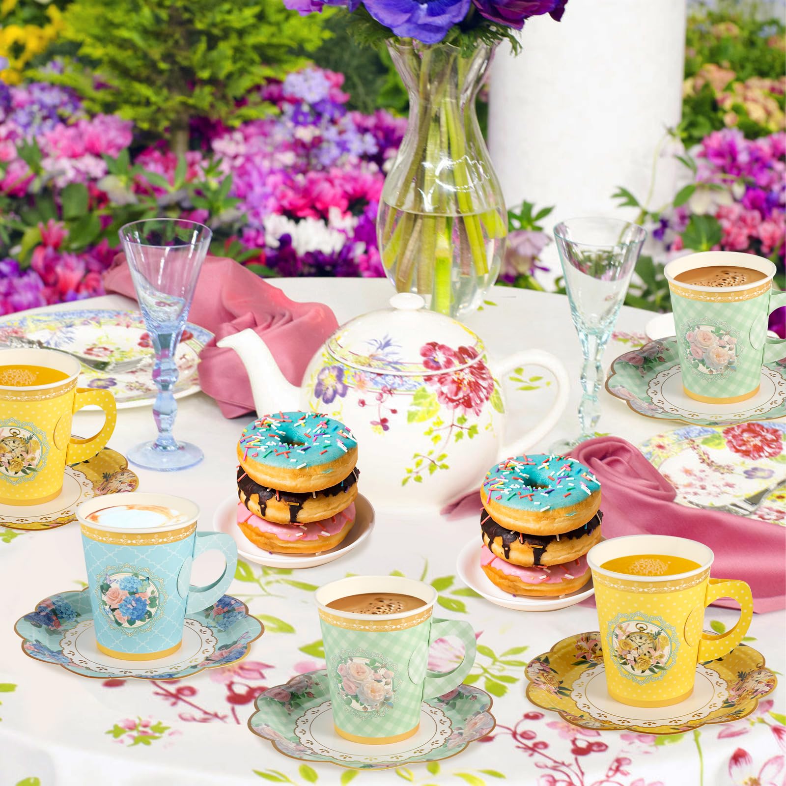 120uds Juego de Vajilla Desechable, Vajilla de Papel 60 Tazas de té de Papel con Asa 60 Platillos de Encaje Vajilla Floral para Fiesta para Niñas Suministros para Fiesta de té