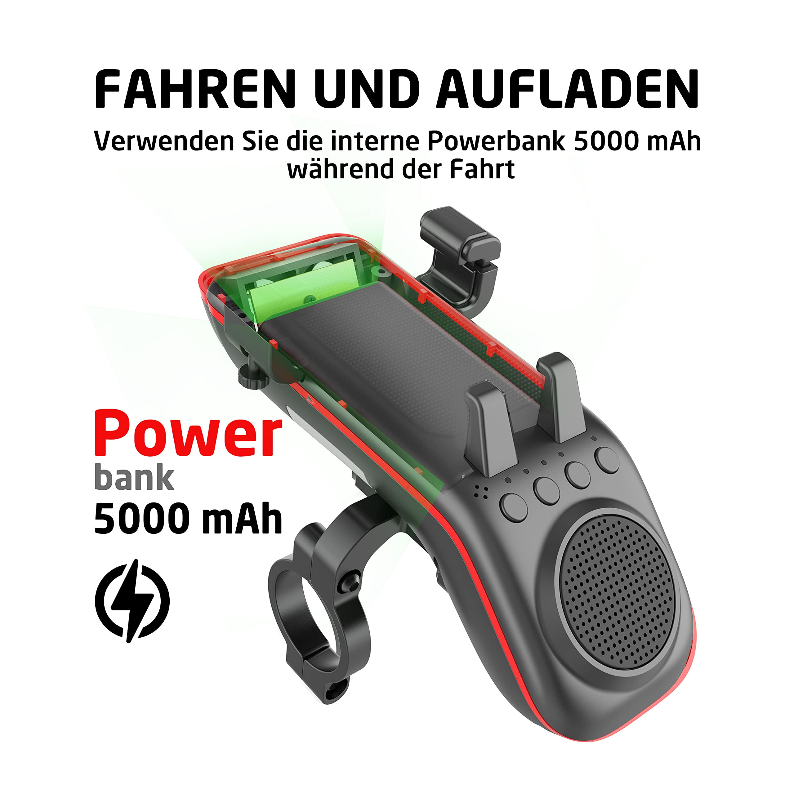 UPPEL Fahrrad Handyhalterung Mit Bluetooth Lautsprecher, 5000mAh Powerbank, Klingel, Mikrofon - 10-in-1 Multifunktional TF/SD/AUX Modus für Extrem & Freizeit Radsport, Mountainbike