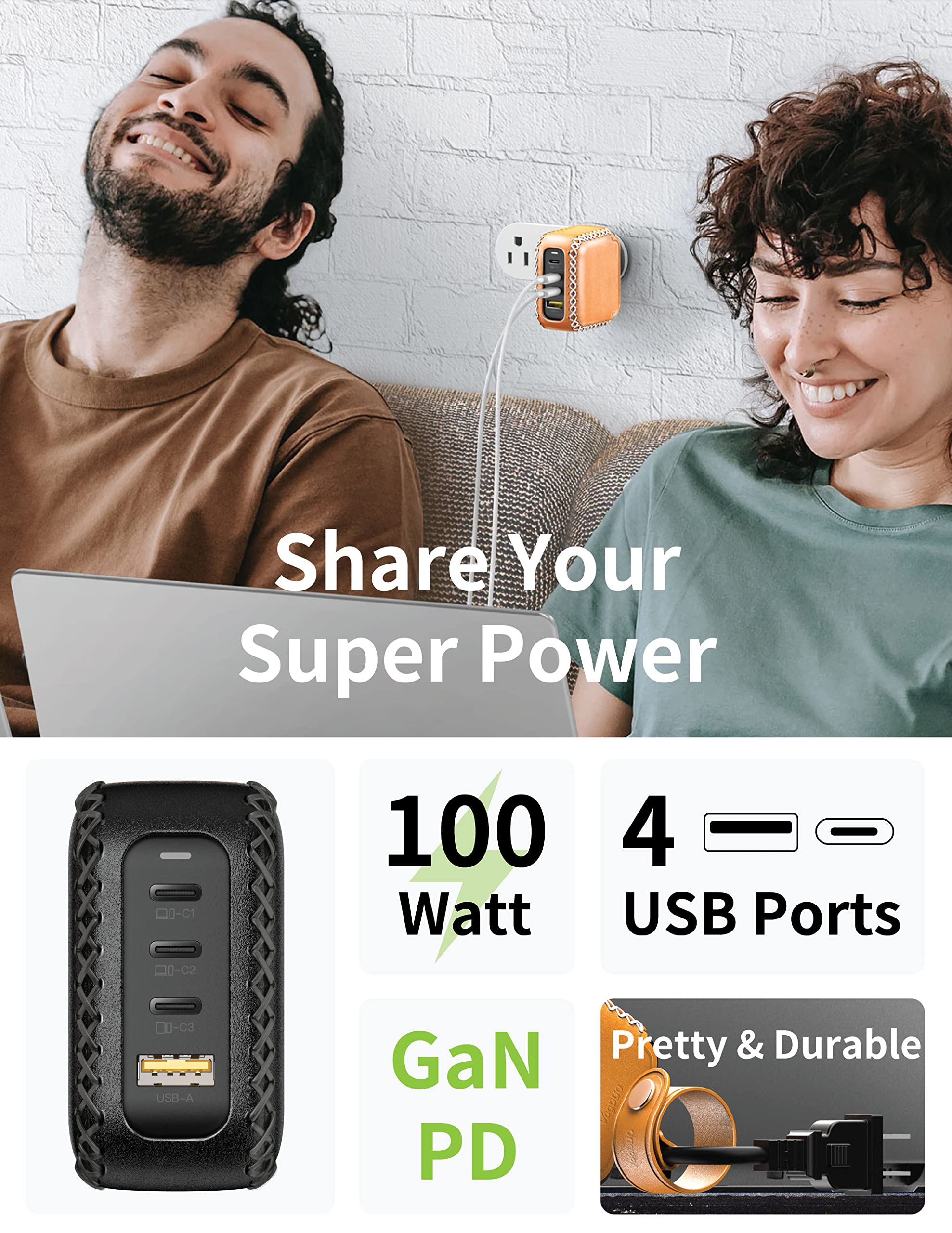 VogDUO 100W USB C Desktop Charging Station- 4 Port Foldable Plug GaN PD Fast Wall Charger Power Adapter with Leather 5ft Extension Cable for MacBook Pro, iPad Apple Watch, iPhone 14, 13, 12 (Black)