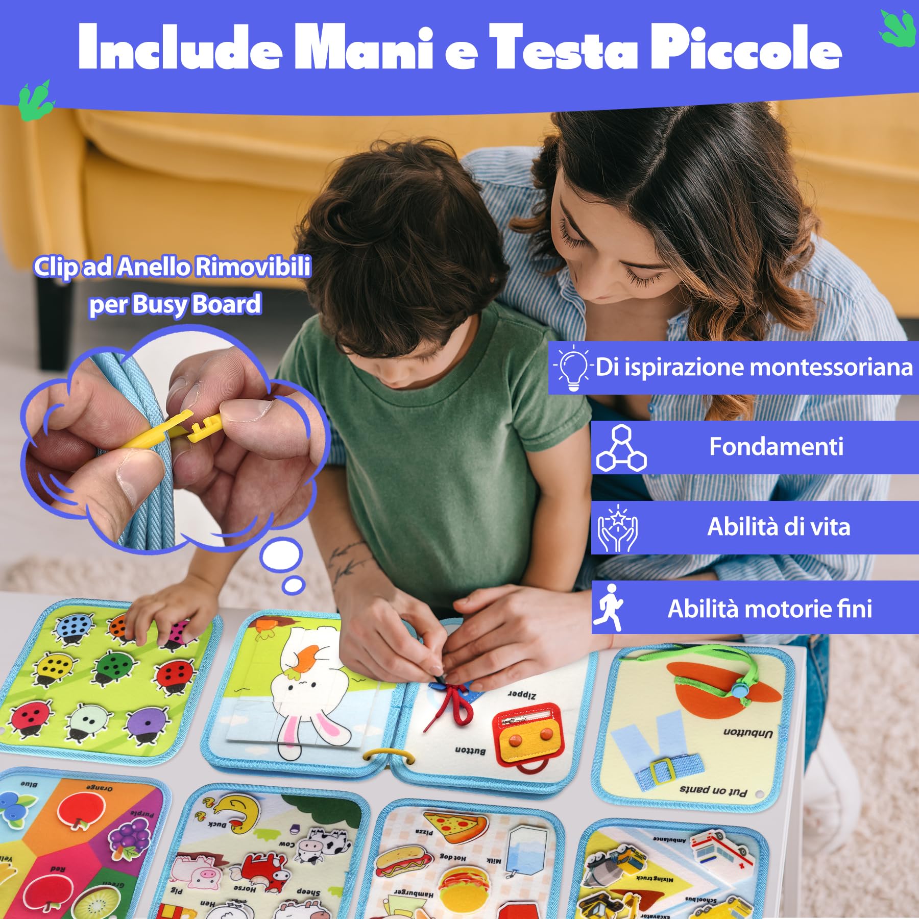 Busy Board Montessori 1 2 3 Anni, 12 in 1 Giochi Bambini Educativi Tabellone Attivitài 1 Anno, Feltro Quiet Book, Pannello Sensoriale Montessori Giocattoli Regalo, Libro Montessori Interattivo