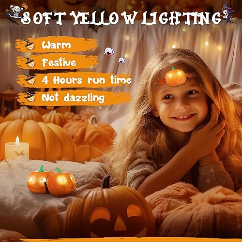 Miniatura 3 de EverBrite Paquete de 5 faros de calabaza de Halloween, 2 modos, lámpara LED ajustable para la cabeza, luces de calabaza, recuerdos de fiesta de