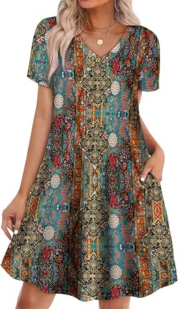 WIHOLL Boho Summer Dresses for Women Casual Loose T-Shirt Dress with Pockets