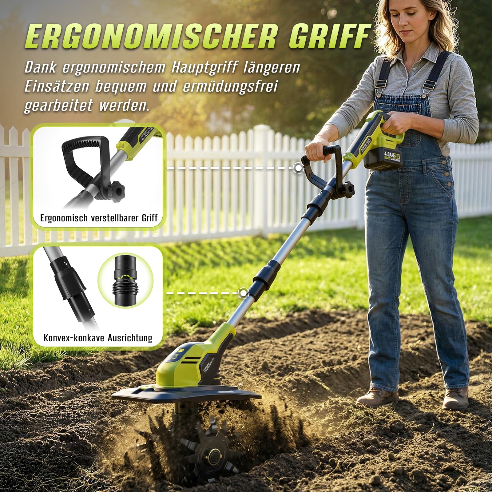 Akku Bodenhacke,Akku Gartenfräse,mit 2 x 4,0 Ah Akkus und Ladegerät,21V Elektro Motorhacke,18 cm Arbeitstiefe, 23cm Arbeitsbreite,48 Hackmesser für Beet, Acker & Landwirtschaft