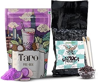ZAWAA Bubble Tea Combo Kit – Taro Pre-Mix Powder (250 g) with Black Tapioca Pearls (250 g) & 10 Paper Straws | Cafe-Style Milk Beverage | Easy to Prepare for Home & Cafe Use