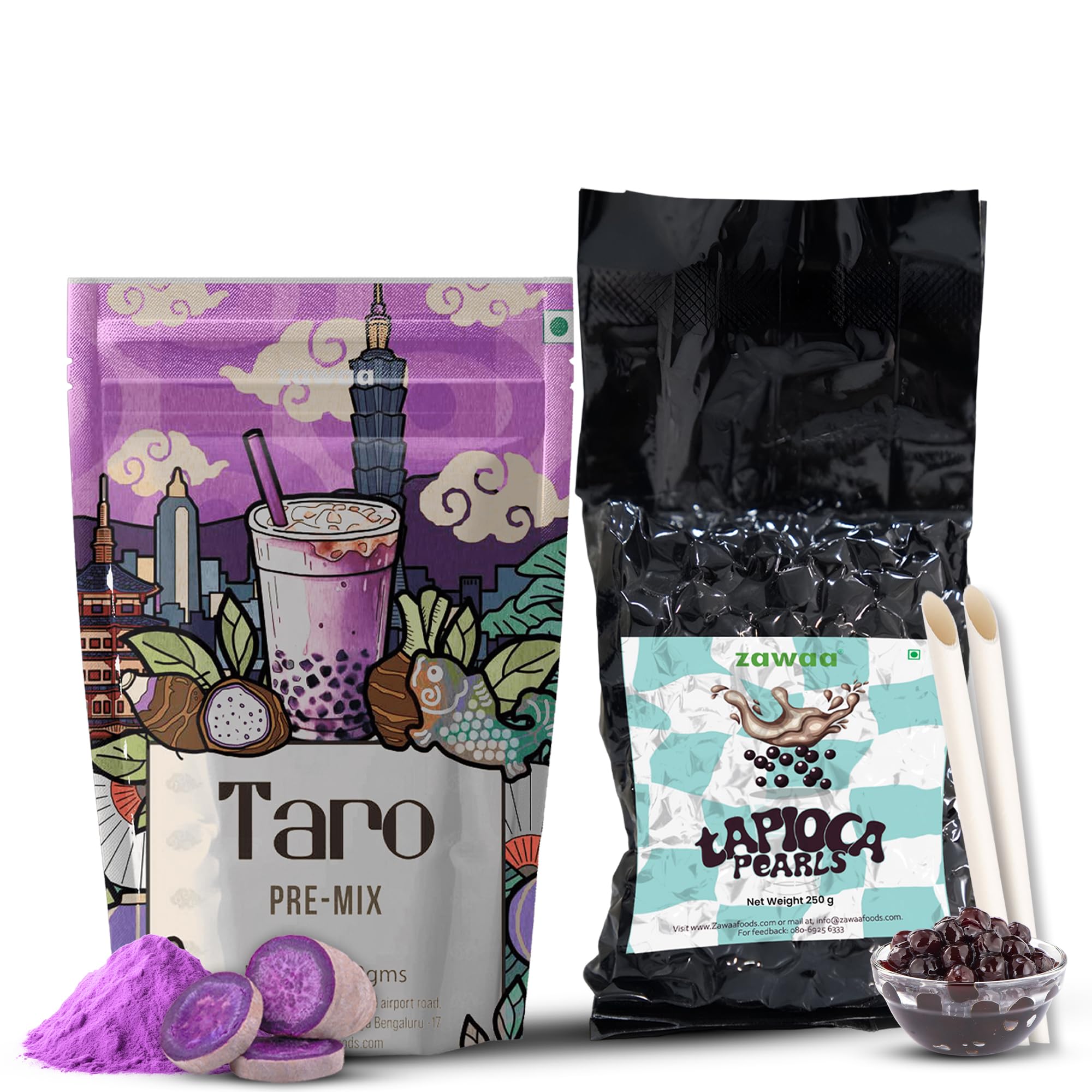 ZAWAA Bubble Tea Combo Kit – Taro Pre-Mix Powder (250 g) with Black Tapioca Pearls (250 g) & 10 Paper Straws | Cafe-Style Milk Beverage | Easy to Prepare for Home & Cafe Use