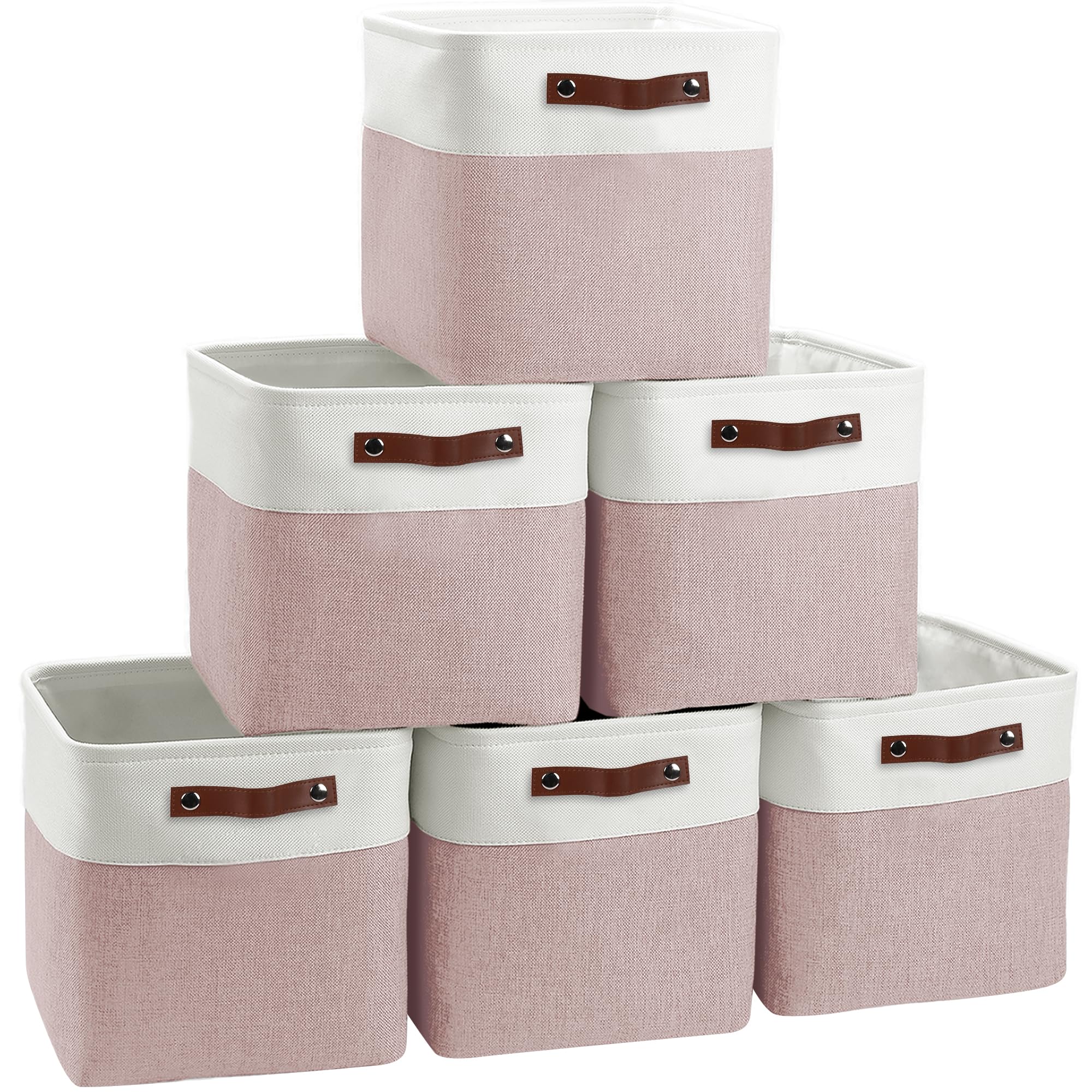 FinishingBo Paquete de 6 cestas de almacenamiento en forma de cubo, plegables, de 28 x 28 cm, con asas de cuero, para estantes, armarios, guarderías, juguetes (blanco/rosa)