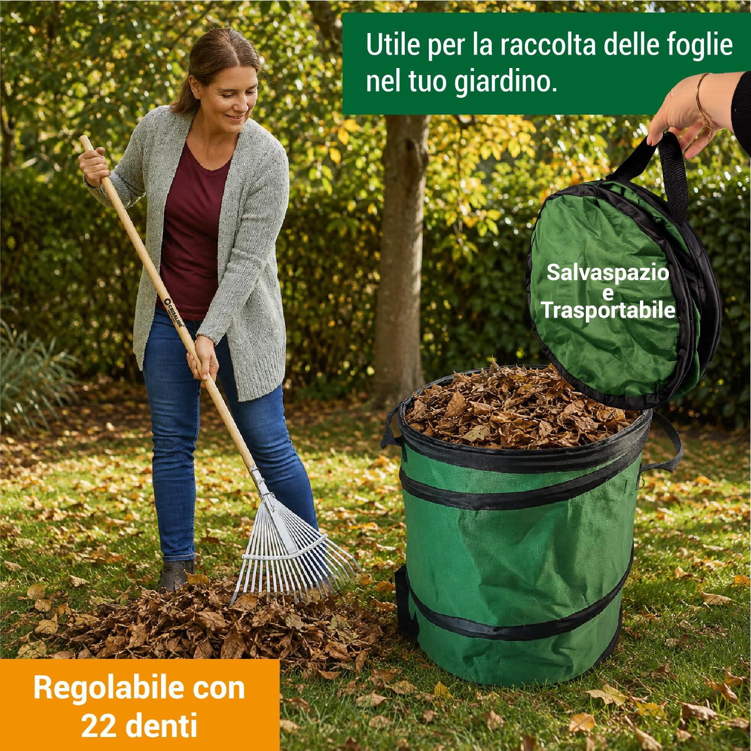 Crisalide® Kit de limpieza de jardín con saco recogedor de hojas de 80 l, rastrillo de 22 dientes ajustable con mango de 150 cm y guantes, juego para hojas, hierba, poda y residuos de exterior
