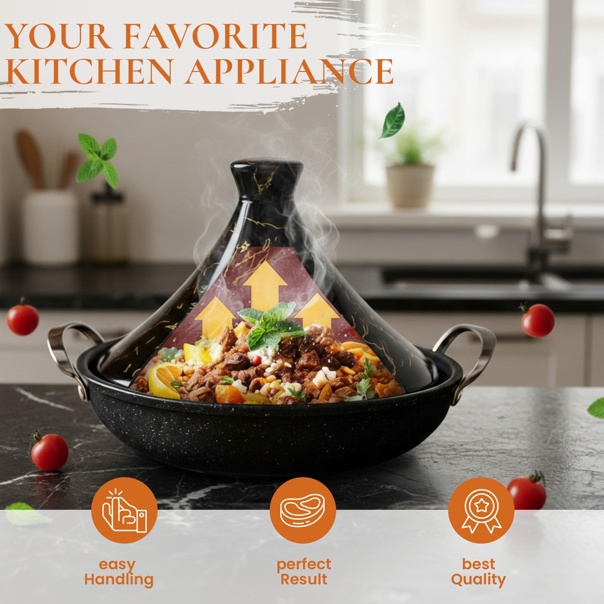 Tajine Royal Swiss - Acciaio inox antiaderente, coperchio in porcellana, per tutti i piani cottura, a induzione, a gas, elettrica, cucina sana (nero, 34 cm)