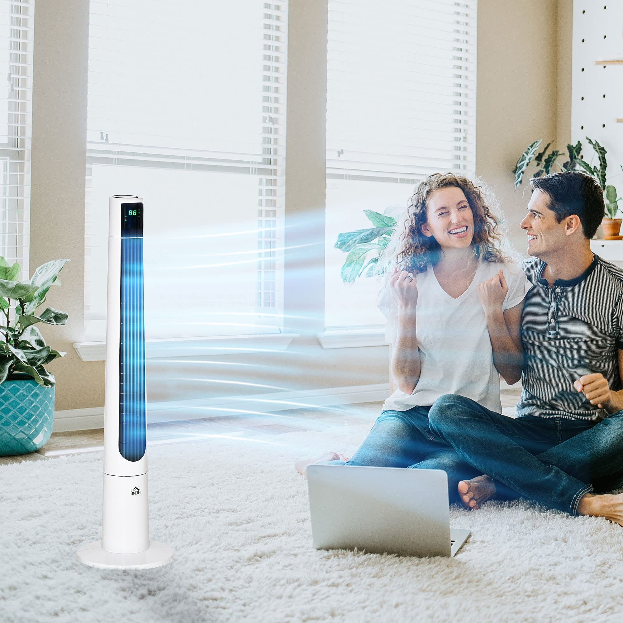 HOMCOM Ventilador de Torre Ventilador de Pie 50W Ø32x118,2 cm Blanco | Silencioso con Control Remoto, 3 Velocidades, 3 Modos, Temporizador 12H, Oscilación 40°, Pantalla LED, para Hogar y Oficina