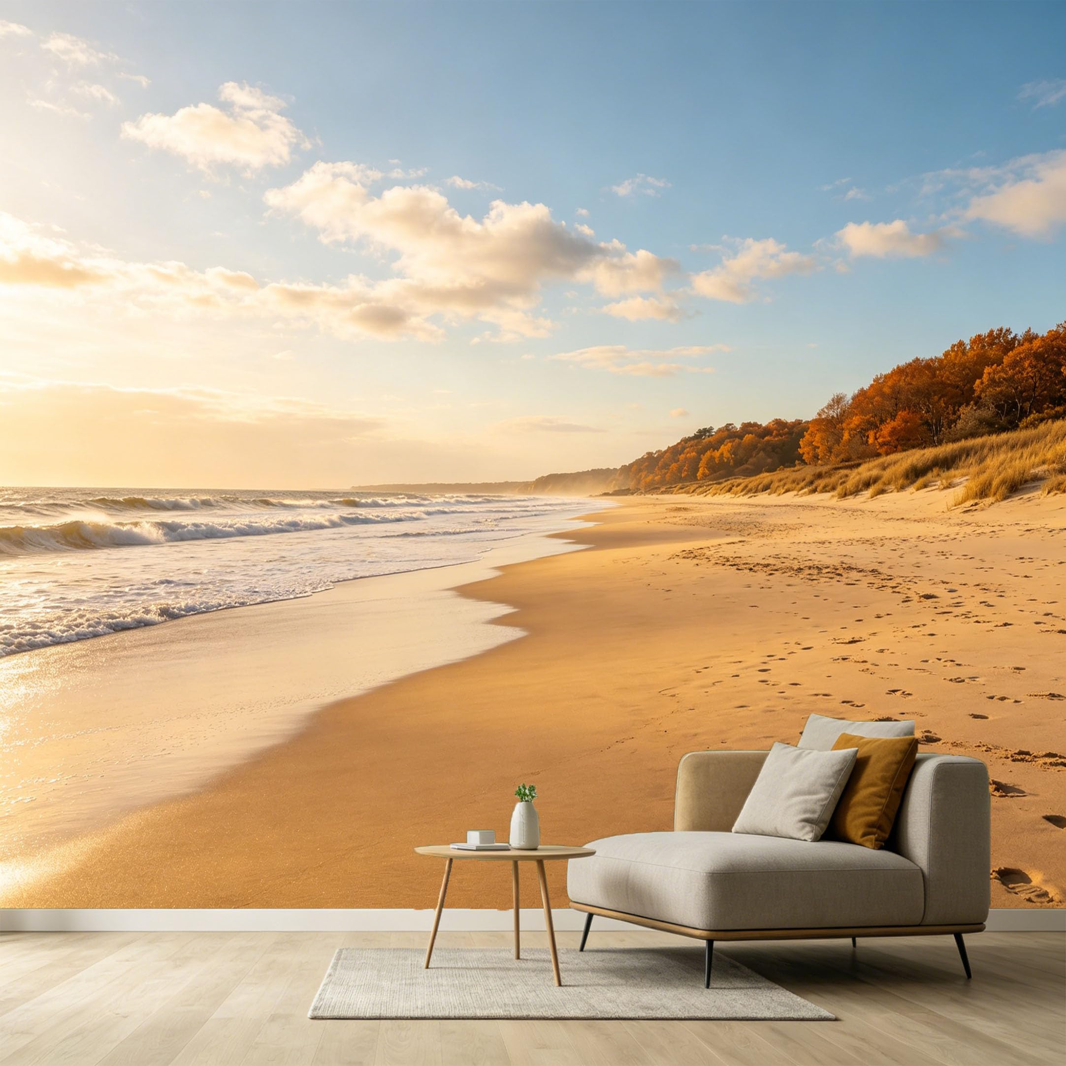 Custom Size Wall Murals Coastal Landscape Sunset Beach Golden Sand Ocean Waves SelfAdhesive Wall Fabric Removable Large Wallpaper for Photo Living Room