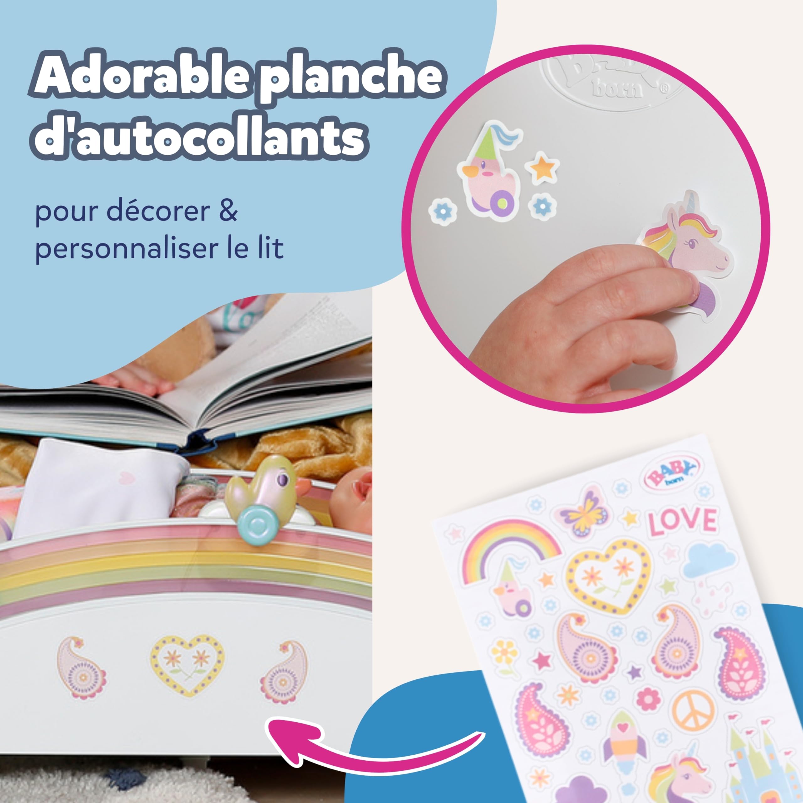 BABY born Lit Arc-en-Ciel - Lit de poupée avec lumière Arc-en-Ciel & mélodie pour s'endormir - Accessoires pour poupées avec literie réversible & Autocollants - pour Enfants à partir de 3 Ans