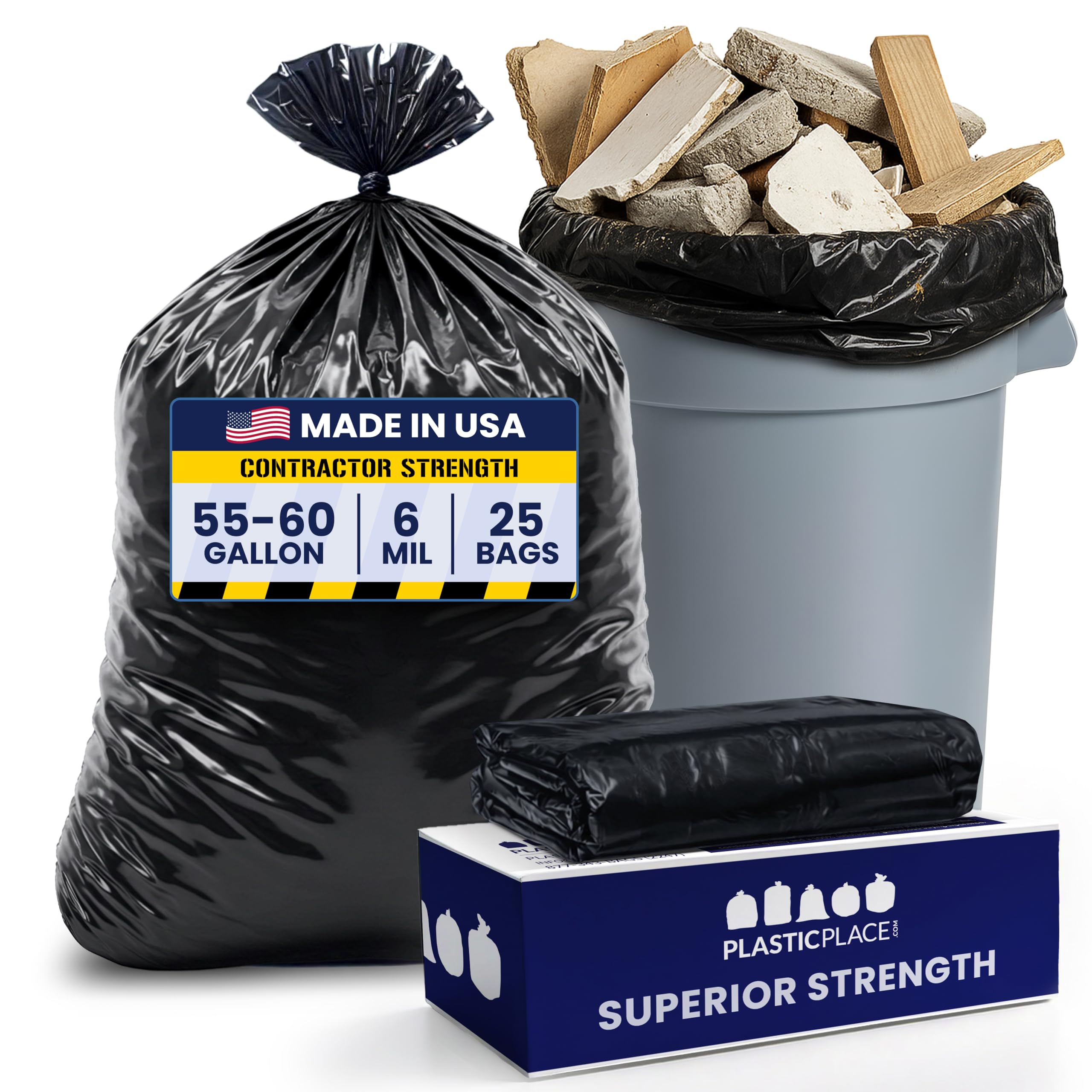 Plasticplace CON55X6 Contractor Trash Bags 55-60 Gallon │ 6.0 Mil │ Black Heavy Duty Garbage Bag │ 36” x 58” (25 Count)