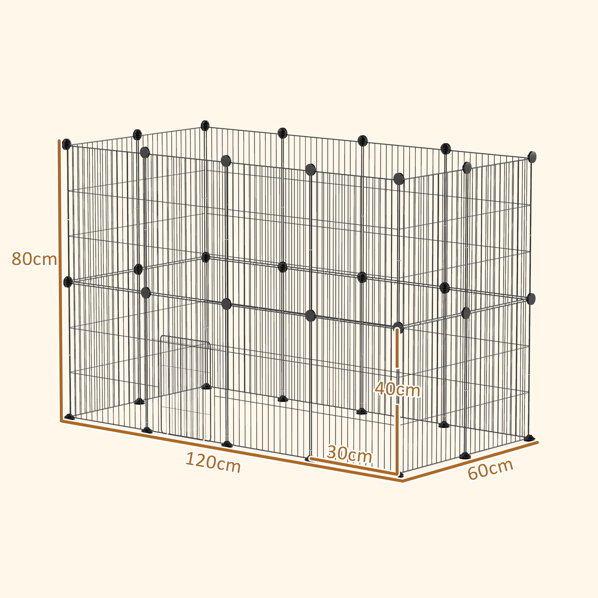 PawHut Enclos pour Animaux, Parc pour Petits Animaux modulable, 24 Panneaux, pour Lapins, cochons d'Inde, hérissons, 40 x 30 cm Chaque grillagé en Acier, 120 x 60 x 80 cm, Noir