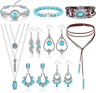 12/13 Pieces Western Jewelry for Women Bohemian Turquoise Necklace Bracelets Earrings Jewelry Set Boho Turquoise Pendant Long Choker Vintage Turquoise Dangle Earrings Turquoise Faux Leather Layered Bracelets Jewelry Set