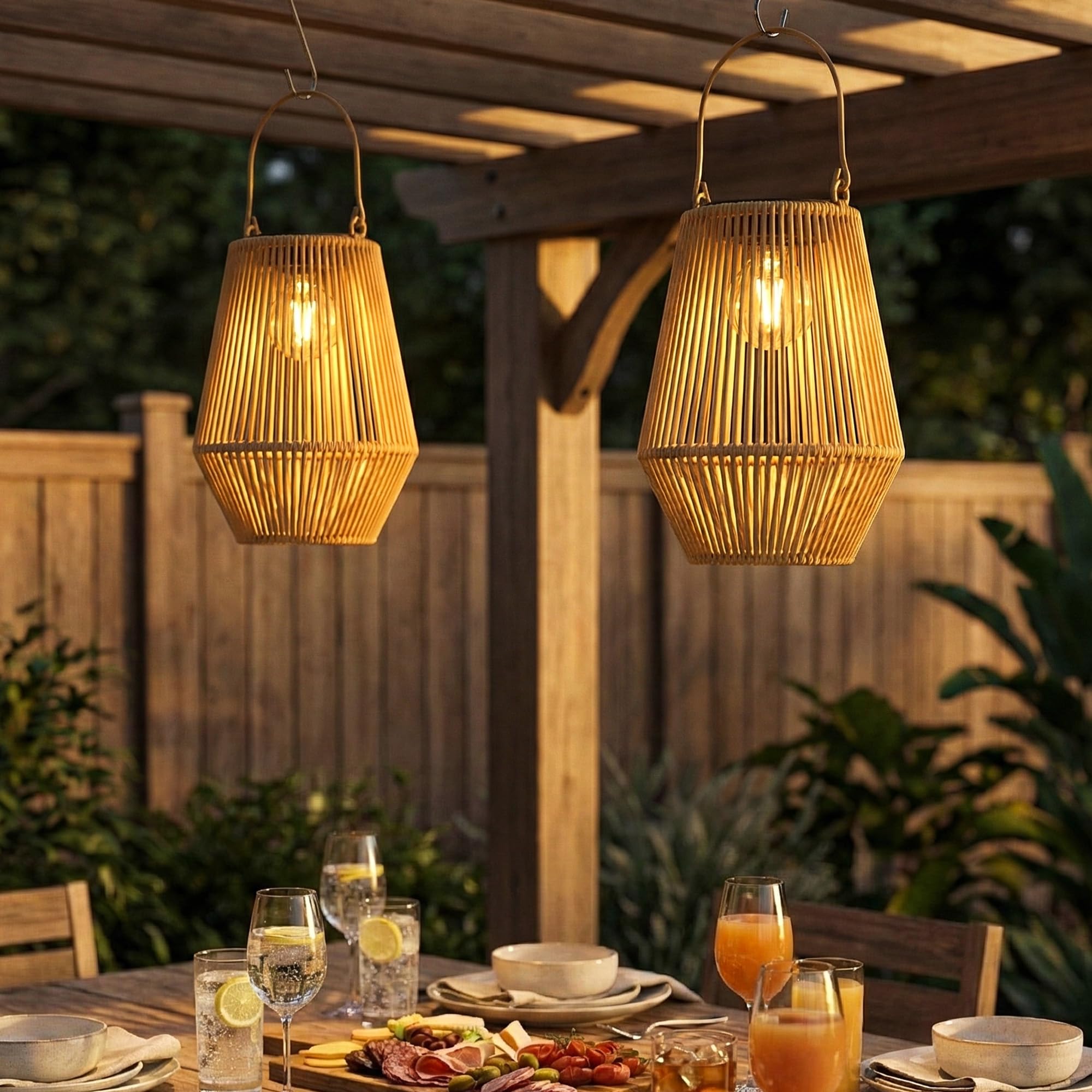 Outsunny Lot de 2 Lanternes Solaires Suspendues Extérieur, Lampes de Jardin en Résine Tressée avec Allumage Automatique, Poignée, IP44, pour Terrasse, Chemin, Marron