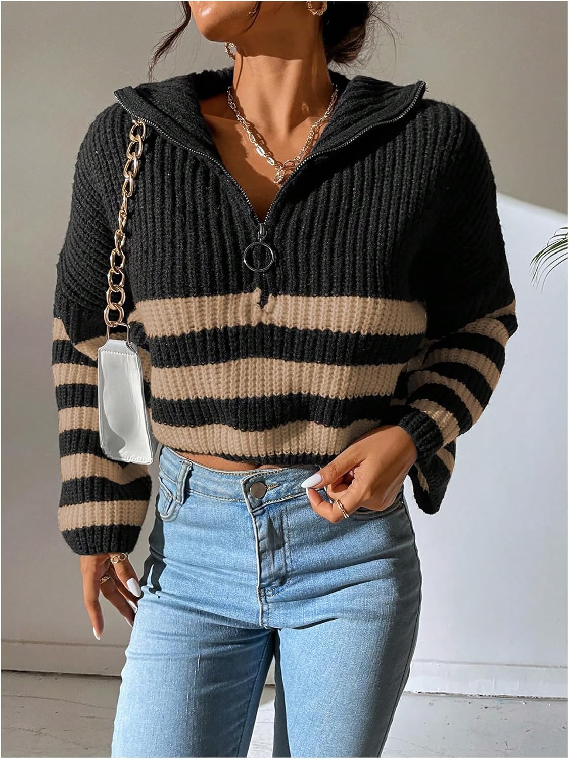 Milumia Women's Striped Color V Neck Crop Sweater Long Sleeve Drop Shoulder Pullover Tops Black and Brown Medium - Image 5