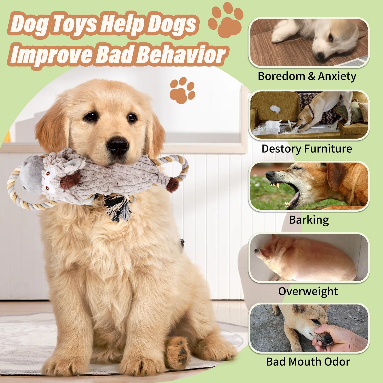Drmstow Crinkle Plush Dog Toys with Squeaker, Tug Rope, Assorted Sizes for Puppies and Dogs, Brown - Image 4