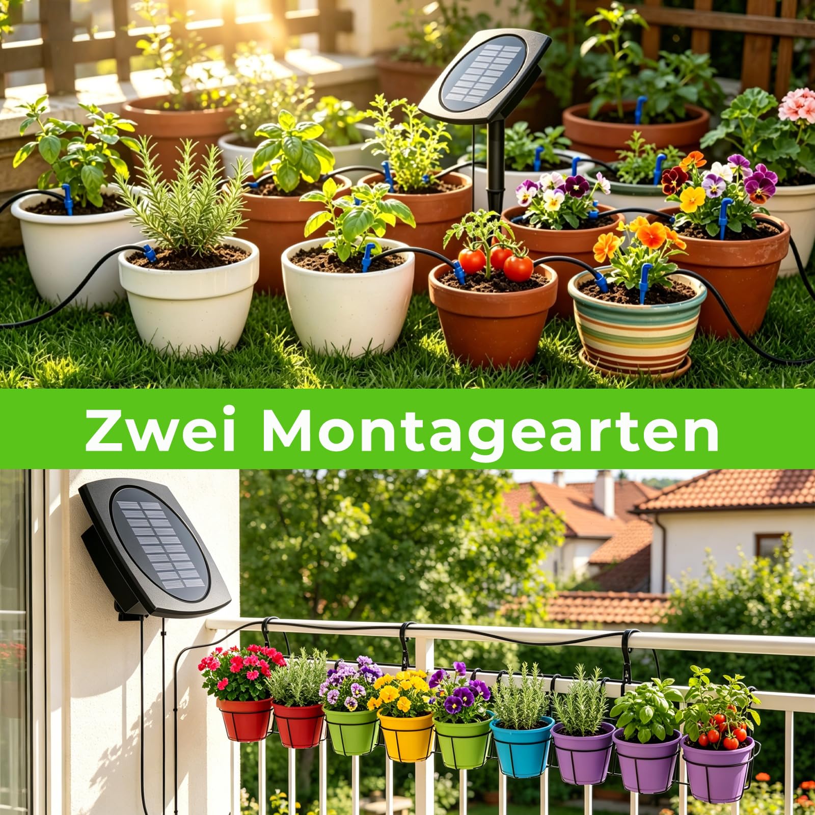 Sistema di irrigazione solare – Giardino balcone irrigazione automatica con 12 modalità & 15 m tubo e valvola di ritegno, irrigazione a goccia solare per giardino, balcone, serra, aiuola rialzata
