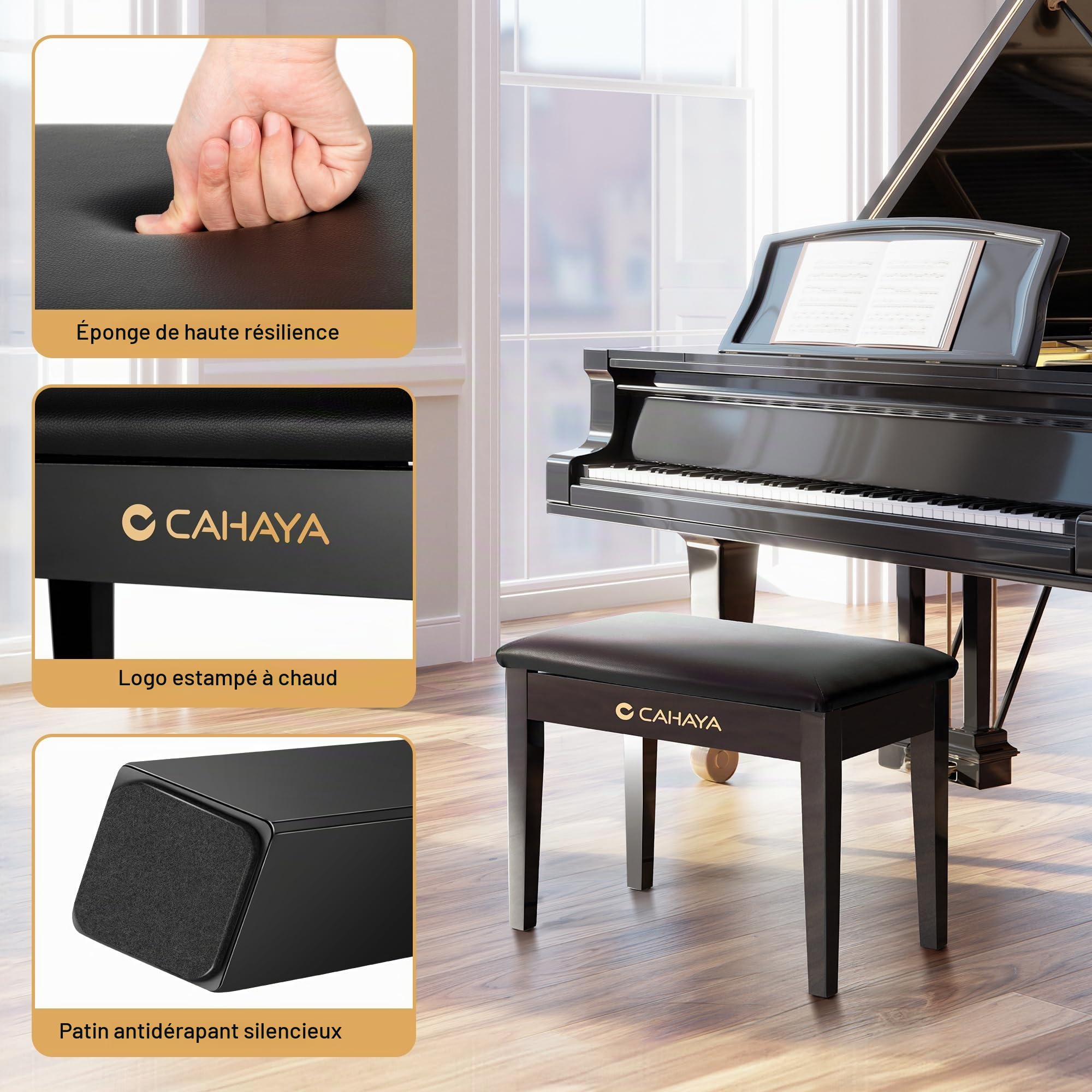 CAHAYA Banc de Piano Multifonction en Bois: Banc en Bois Massif avec Espace de Rangement, 56×34 cm, Assise rembourrée en PU, capacité 150 kg, Noir, CY000397