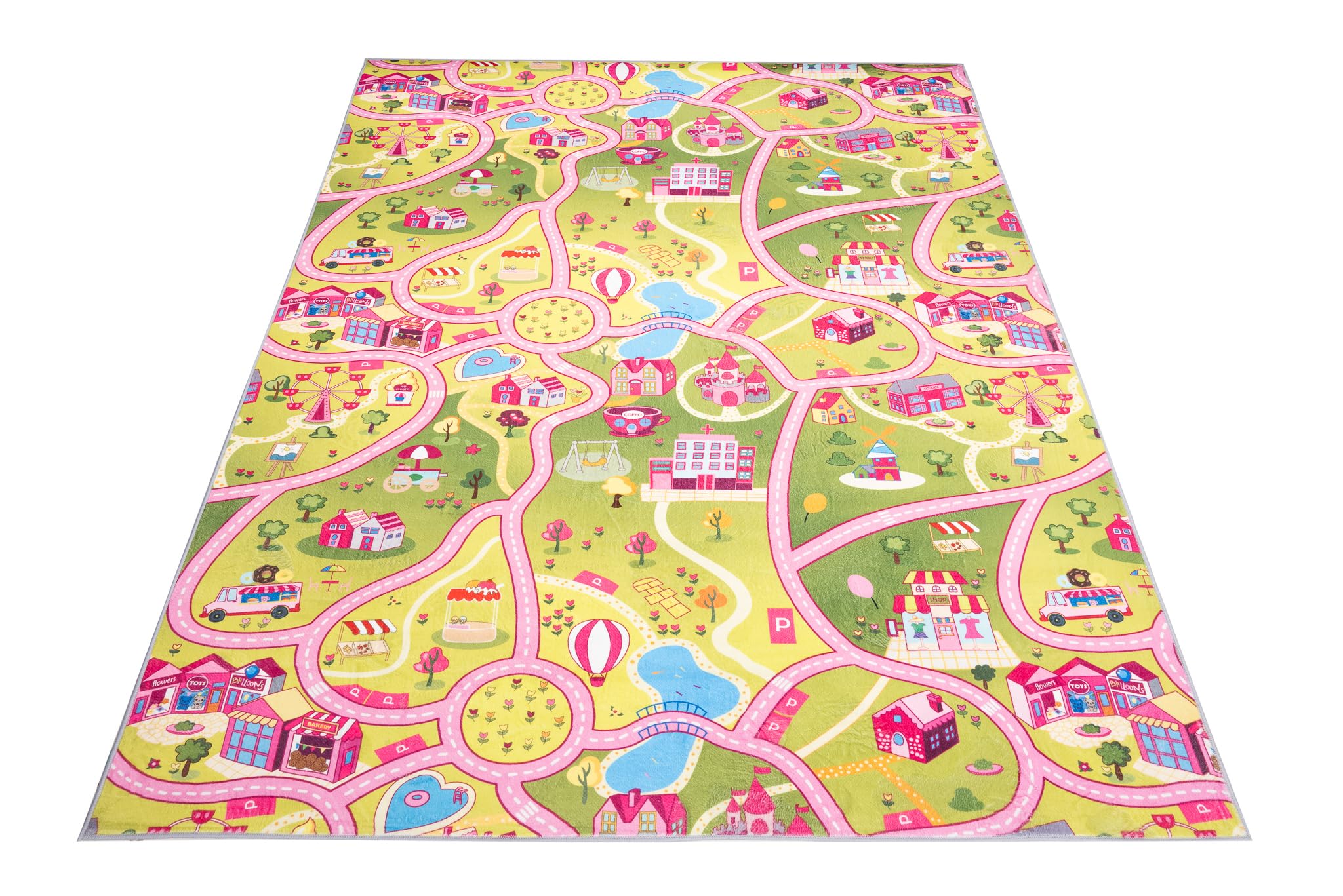 TAPISO Flannel Tapis Chambre Enfant Bébé Fille Garçon Antidérapant Lavable Rose Vert Bleu Blanc Tapis de Jeux Voiture Circuit Route Ville Poils Ras Oeko-TEX Résistant 120 x 170 cm