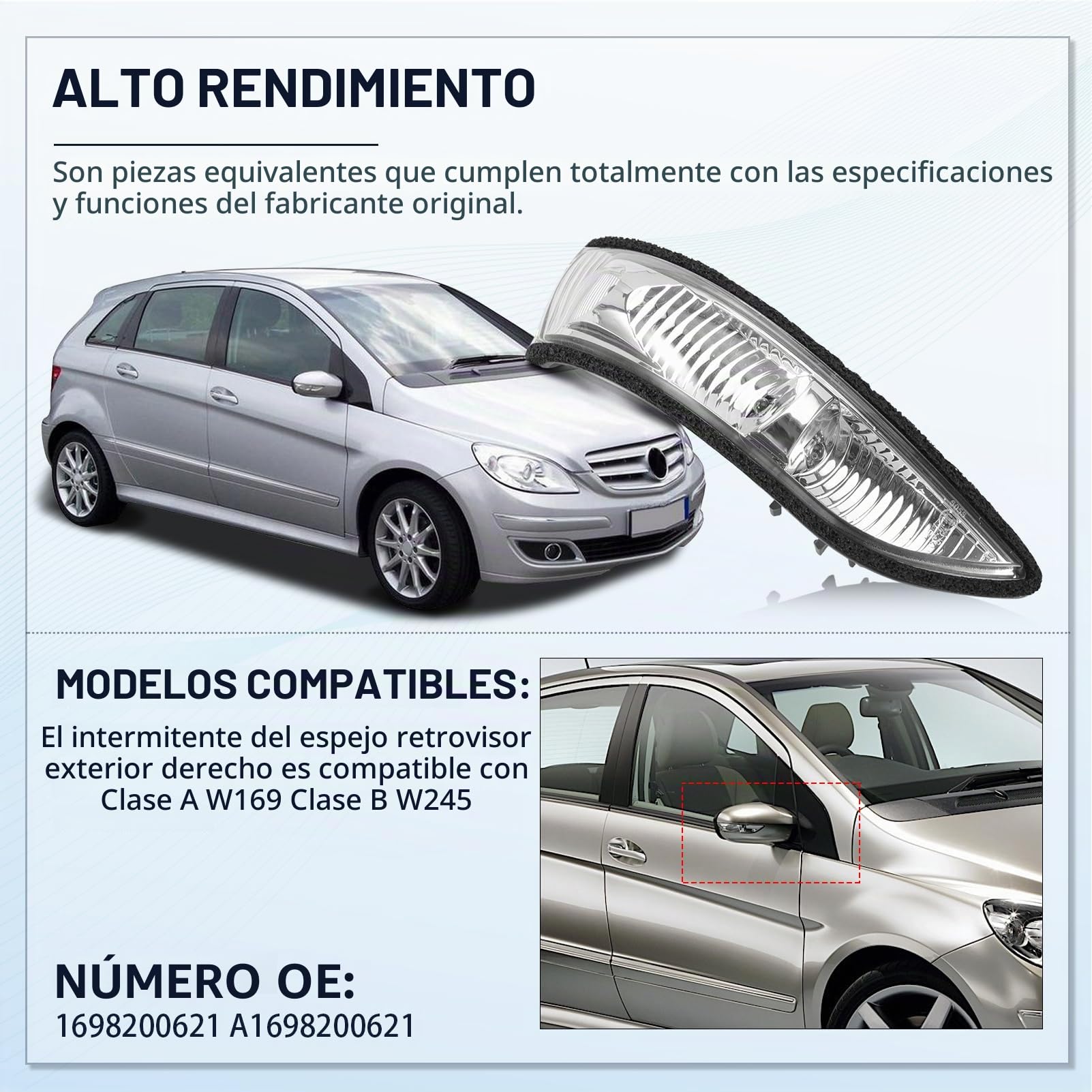 Indicadores de dirección espejo retrovisor para A-Klasse W169 B-Klasse W245 parpadeante repetidor retroviseu lateral para (derecho - lado del pasajero) 1698200621 A1698200621