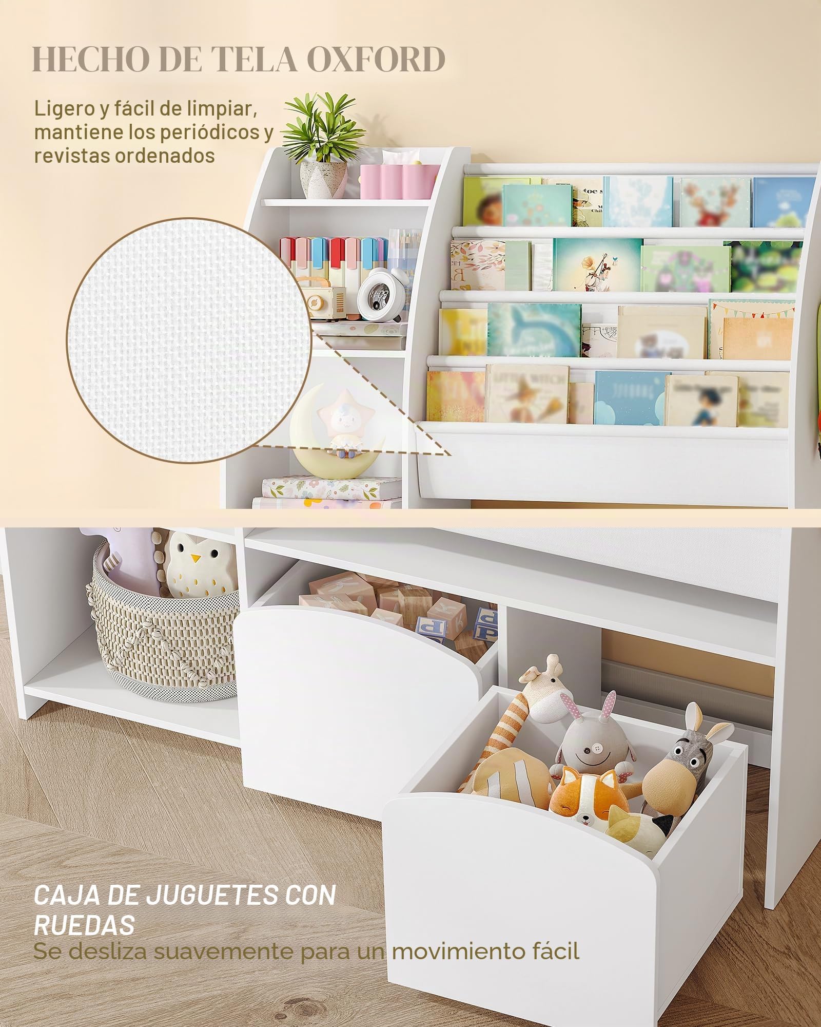 Hzuaneri 105cm estanteria Infantil con Revistero, 2 Columnas y 4 Baldas, Organizador de Juguetes, Almacenamiento con Caja, 30 x 105 x 100 cm, Blanco KB12003W