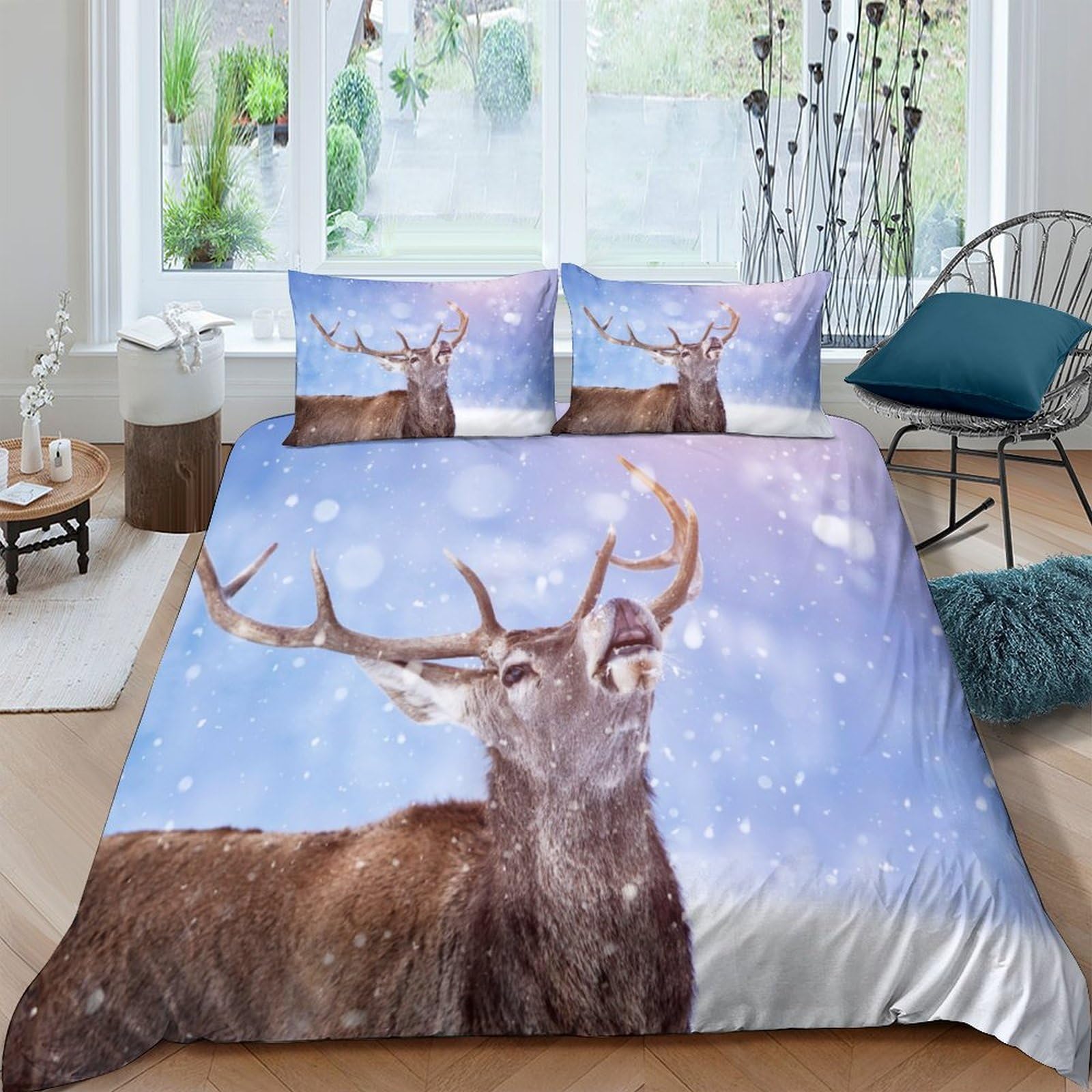 Ctjqhvkz Style-6 3D Printed Winter Deer Fitted Sheet Microfiber Soft Brown Antler Forest Mattress Cover Bedroom Decor Single（135X200cm）