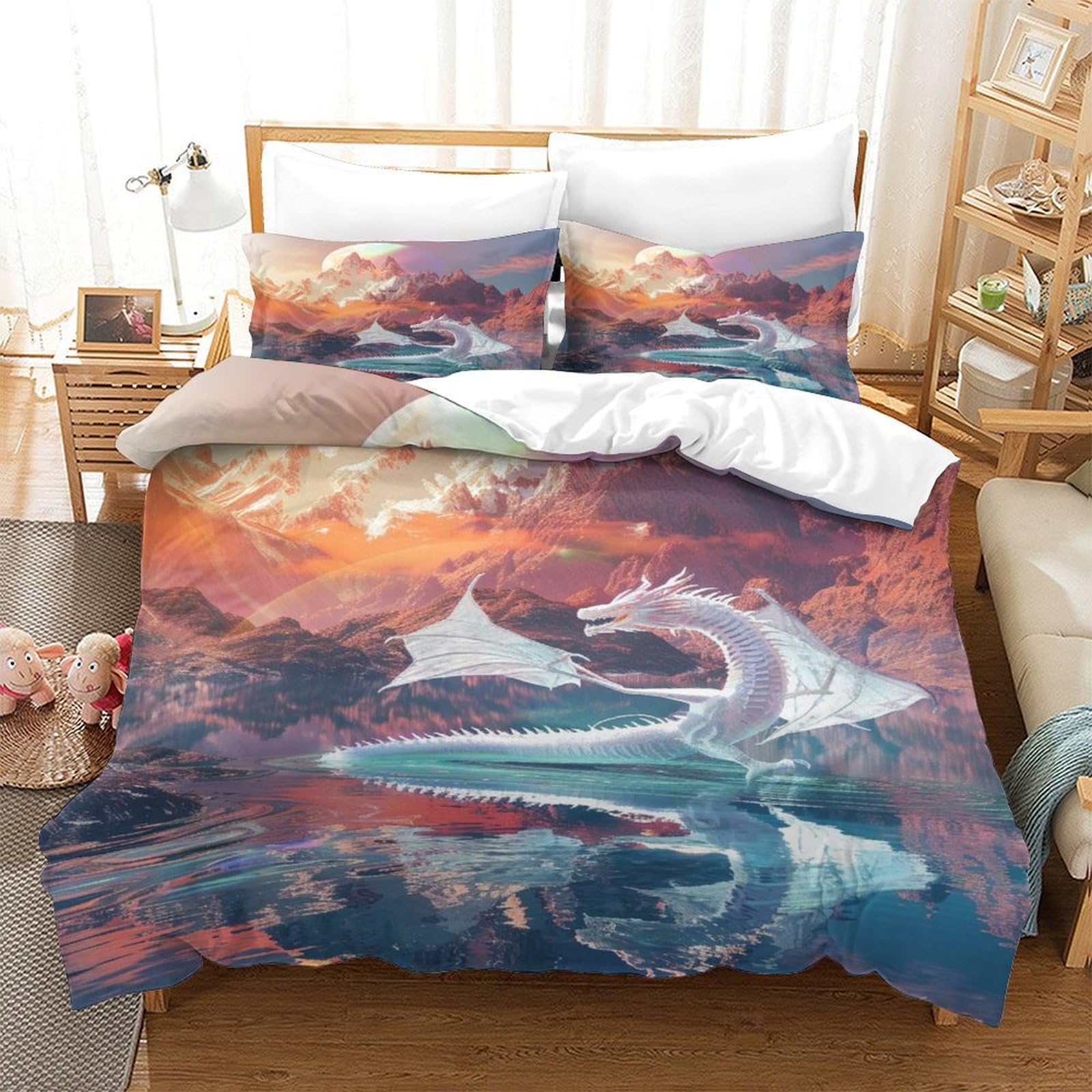 Housse de couette dragon 3D anti-transpiration en microfibre douce lit king size 260x220