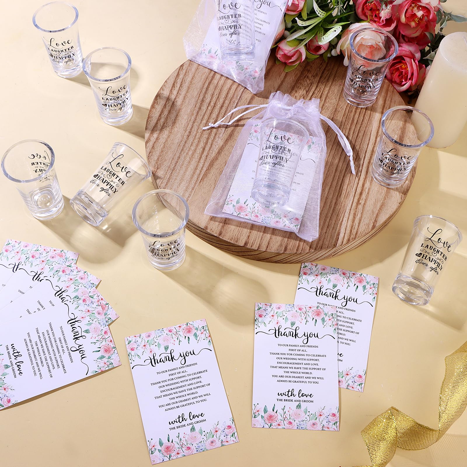 Set Di 60 Bicchierini In Acrilico Per Bomboniere Matrimonio: Con Biglietti Di Ringraziamento E Sacchetti In Organza, Regalo Per Ospiti