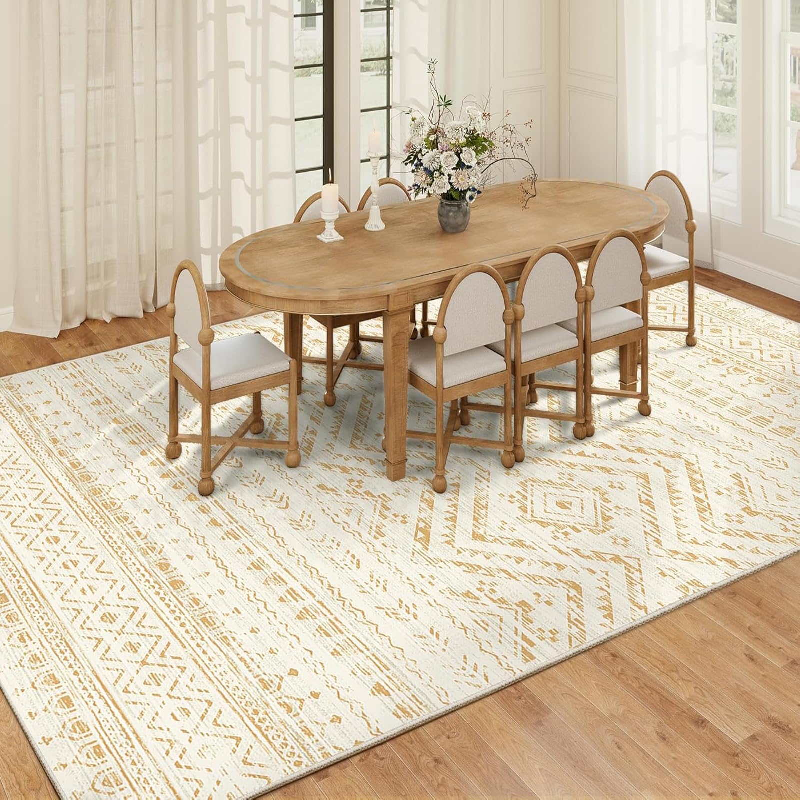 Tapis géométrique vintage lavable 180x300 cm grand format jaune