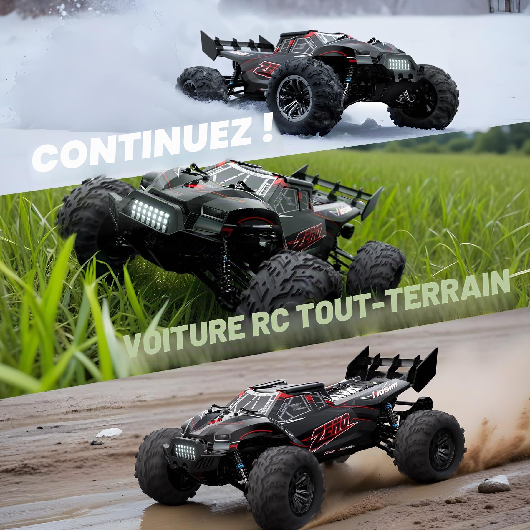 Hosim 1:10 Voiture télécommandée pour adultes, 48 + KM/H Buggy RC 4WD à haute vitesse avec 2 batteries 7,4 V 1500 mAh, voiture électrique RC grande camion RC tout-terrain 2,4 GHz imperméable