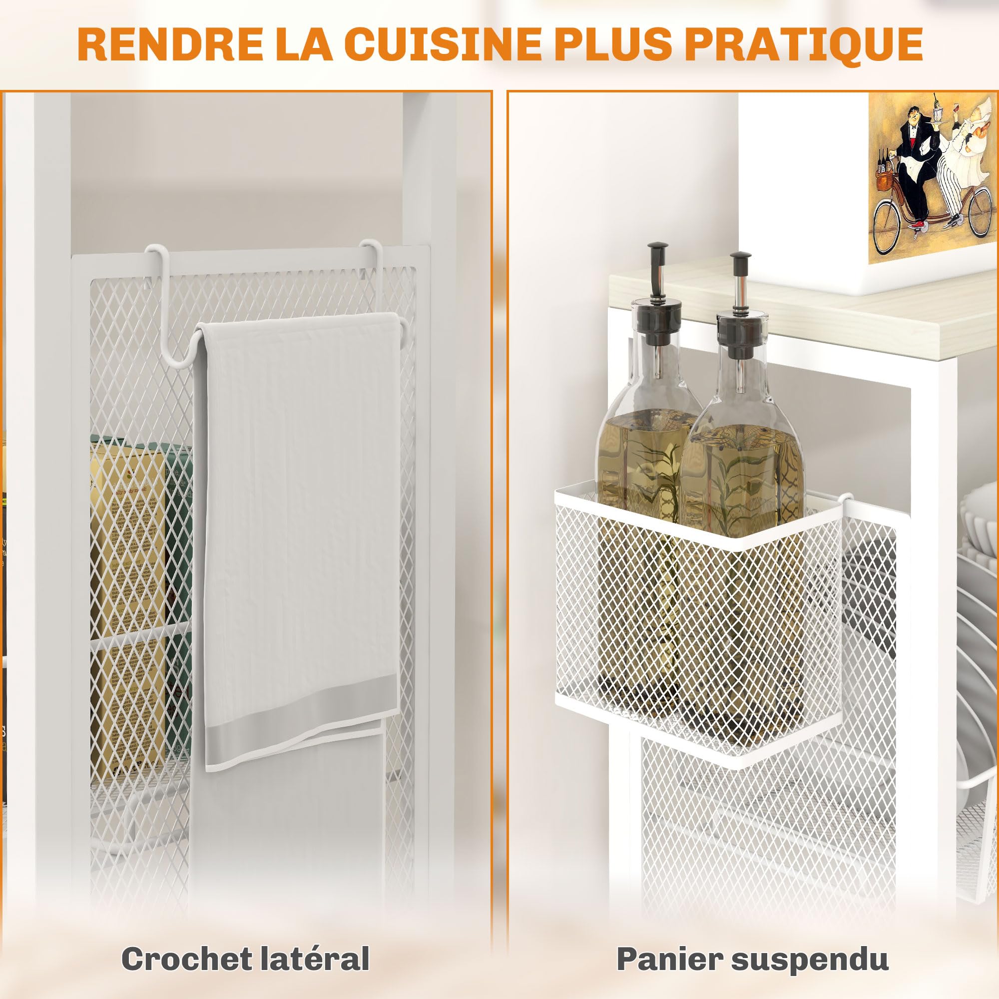 HOMCOM Desserte de Cuisine à roulettes Acier 58 x 18,5 x 87 cm Blanc | Chariot de Rangement, 3 Panier, 1 Panier Suspendu et Crochets, Chariot de Cuisine et Salle à Manger