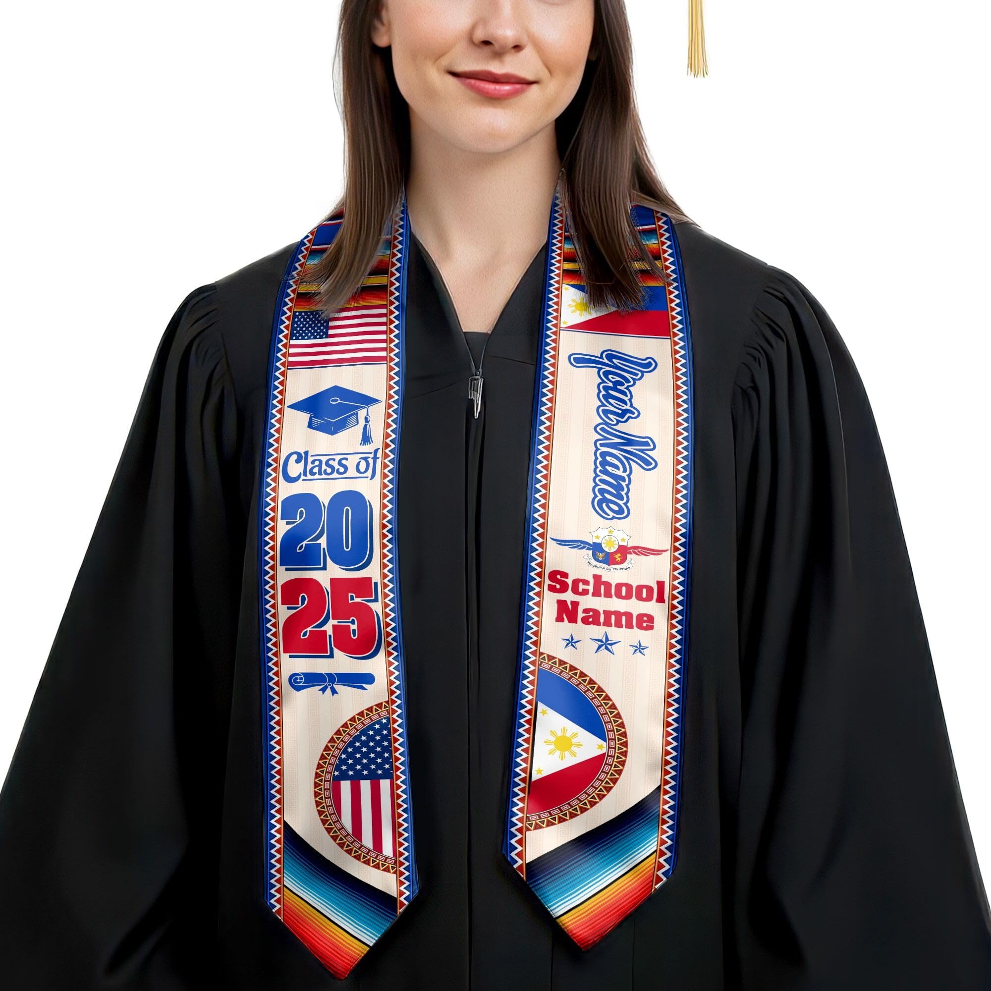 MonkeyVan Personalized Graduation Stole for Filipino Senior, Philippines Flag Graduation Sash Class of 2025 Grad Gifts S265