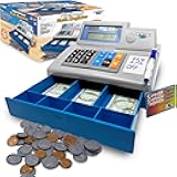 Dr. STEM Toys Solar Powered Calculator Pretend Cash Register with Play Money – 67-Piece Set for Learning Math Skills, STEM Cash Register for Kids (Gray)